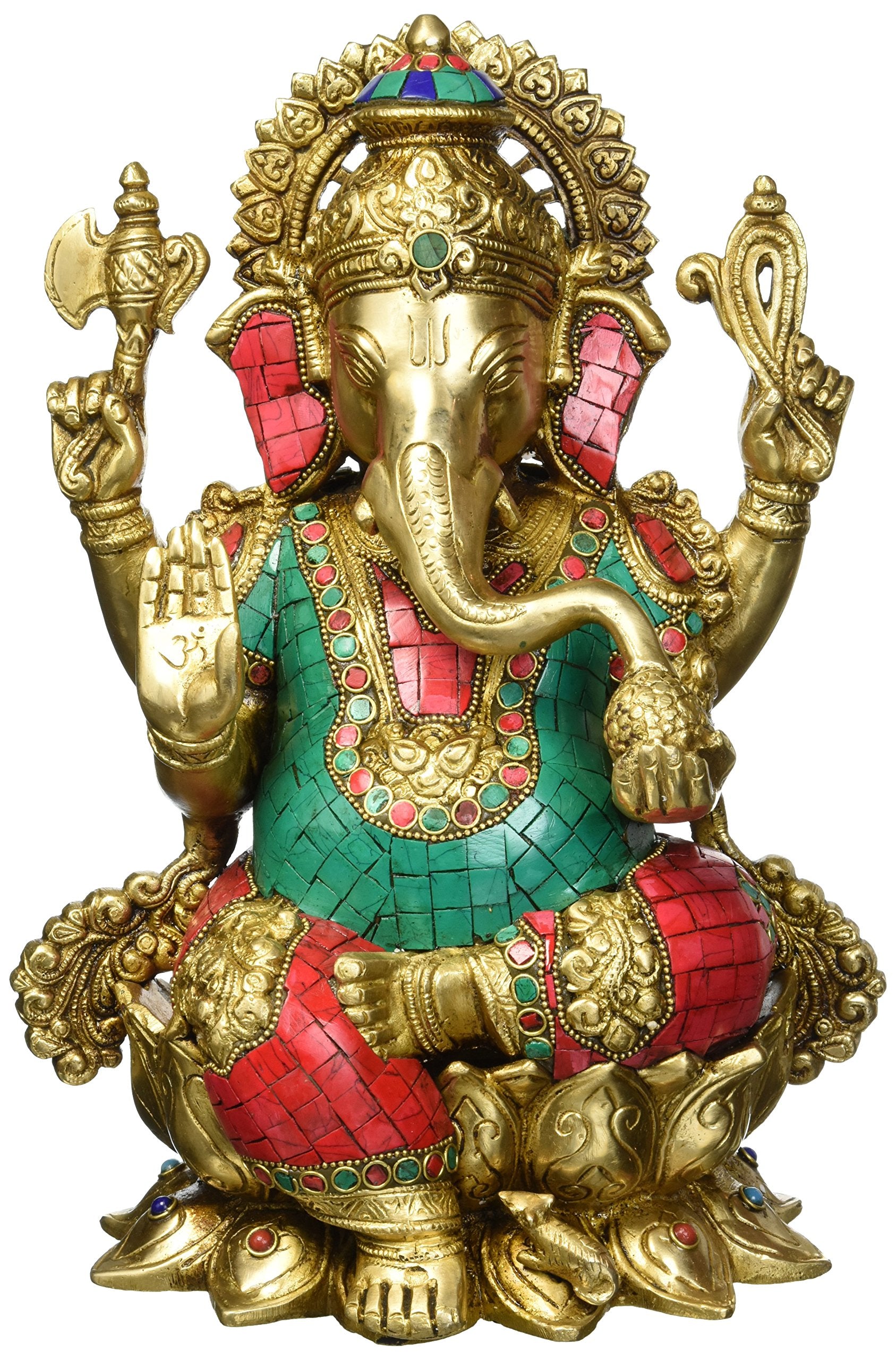 Aone India Rare God Ganesha Statue Sitting On Lotus- Hindu Lord Of Prosperity & Fortune Ganesh Figurine- Brass Metal With Turquo