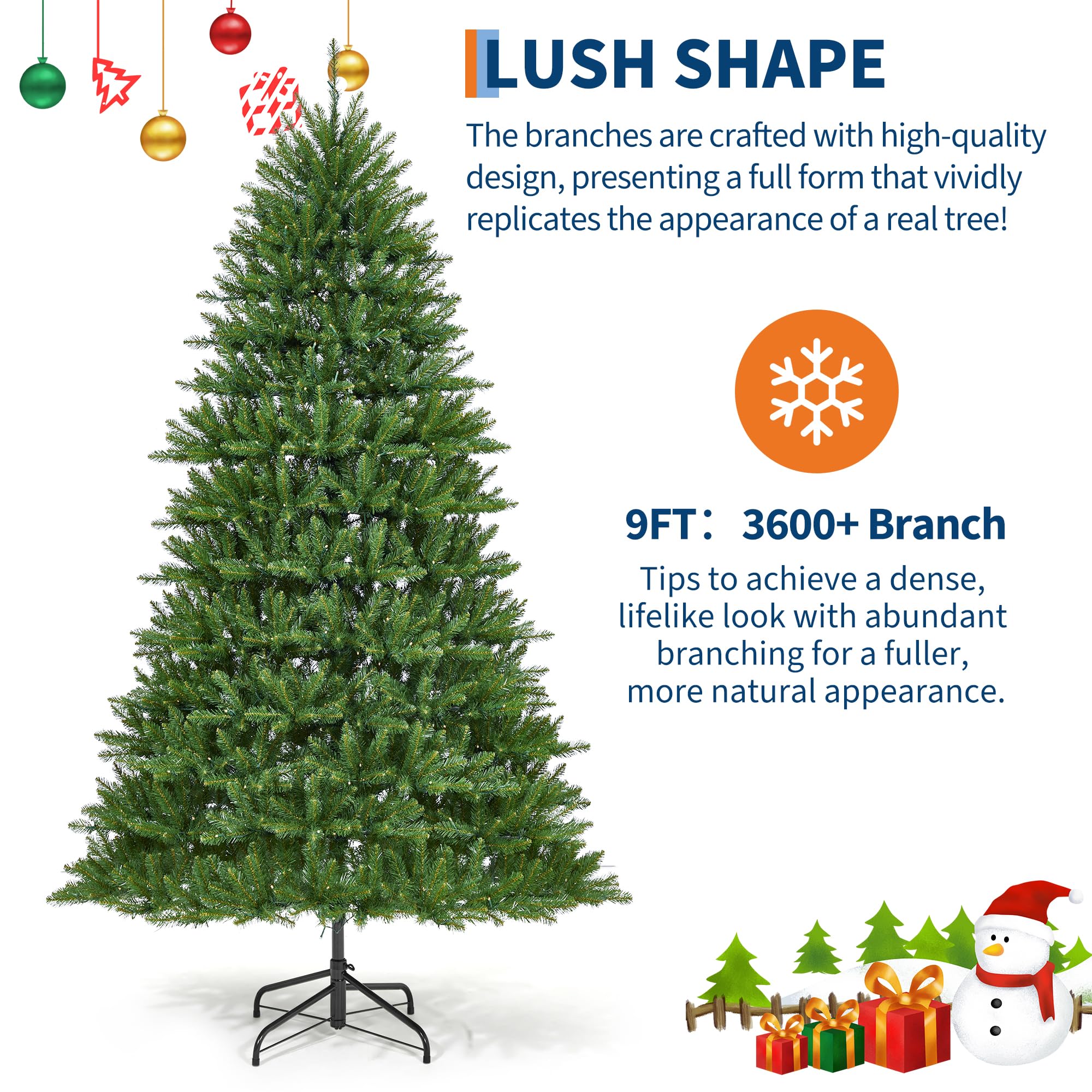 9FT Christmas Tree, Artificial Christmas Trees with 200 Lights, Prelit Christmas Tree with 8 Modes Lights, Foldable Stand, On/Of