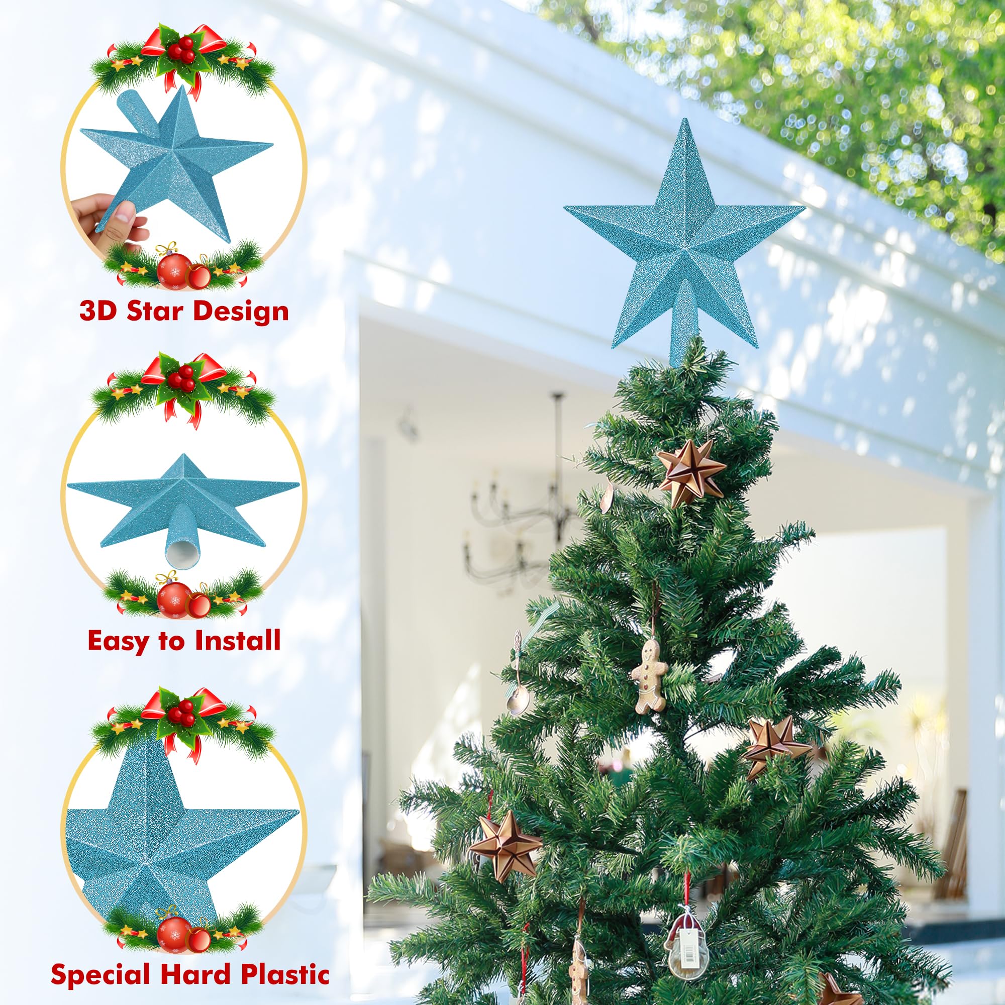 Christmas Tree Topper, Blue 8 3D Star Tree Topper Decorations, Christmas Tree Topper Bethlehem Star Ornament, Glitter Waterproof