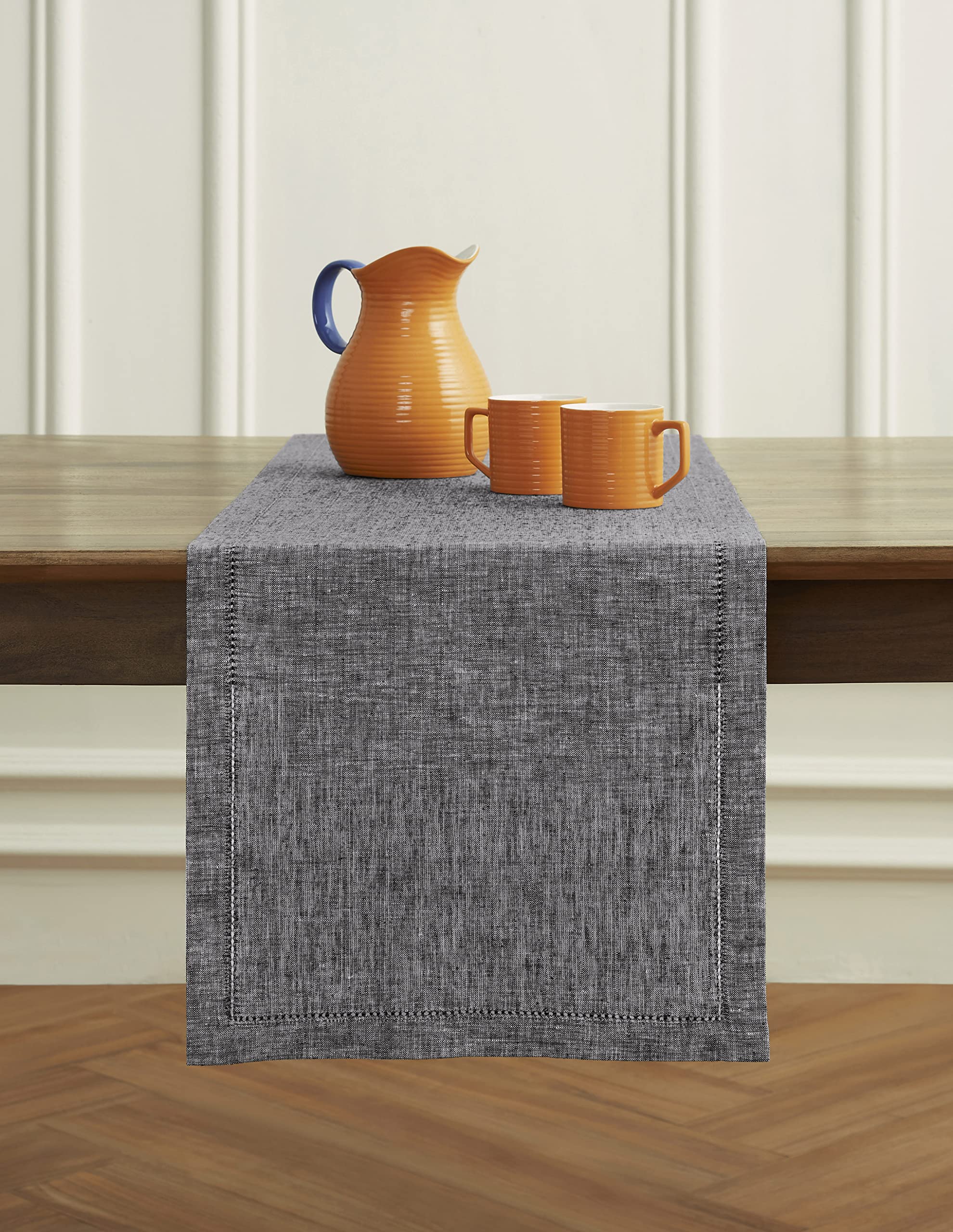 Solino Home Linen Table Runner 14 x 72 Inch - Chambray Black  100% Pure Linen Hemstitch Table Runner for Spring  Summer  Dining - Milan  Machine Washable and Handcrafted from European Flax