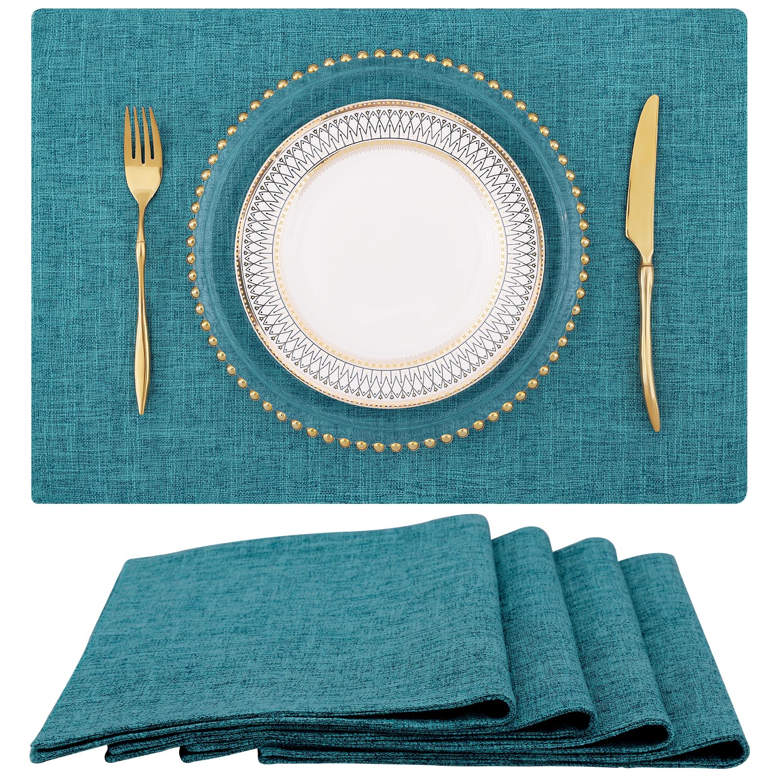 Homing Teal Cloth Easter Placemats Set Of 4 - Cotton Linen Blend Washable Spring Dining Table Mats For Easter, Indoors & Outdoor