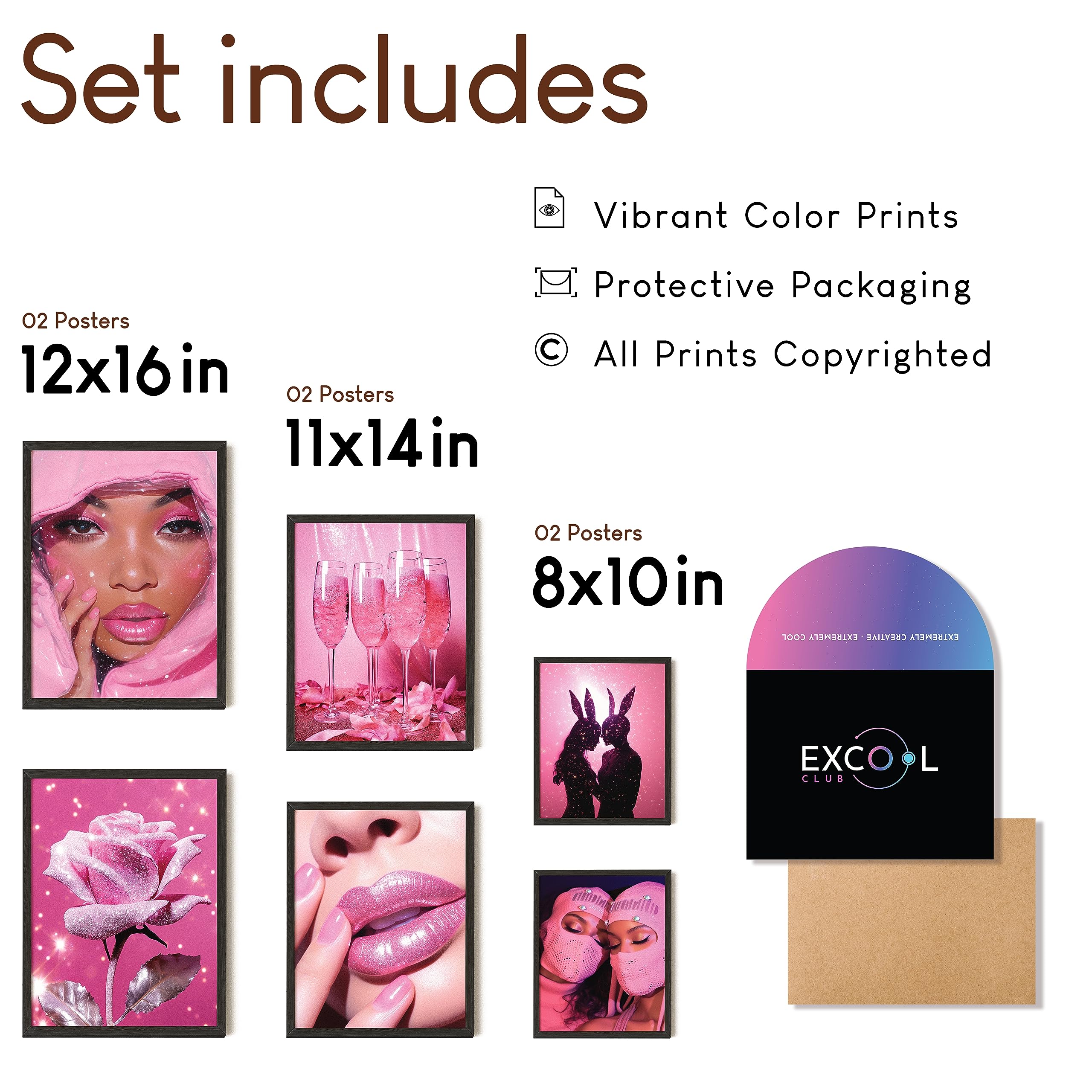 Excool Club Pink Room Decor Aesthetic - 12X16 Baddie Room Decor Y2K Collage, Hot Pink Wall Art Prints, Pink Pictures Wall Decor,