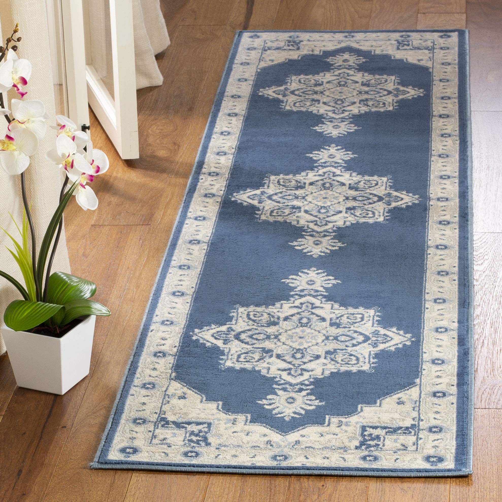 SAFAVIEH Brentwood Collection 2 x 6 Navy / Cream BNT865N Medallion Distressed Non-Shedding Living Room Entryway Foyer Hallway 