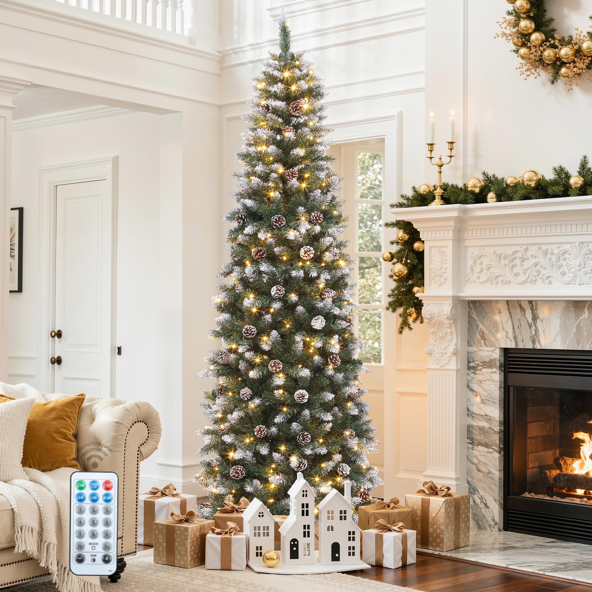 DWVO 6ft Pre-lit Artificial Christmas Tree, Slim Partial Snowy Pencil Kingswood Fir Christmas Trees with 50 Pine Cones, 618 Bran