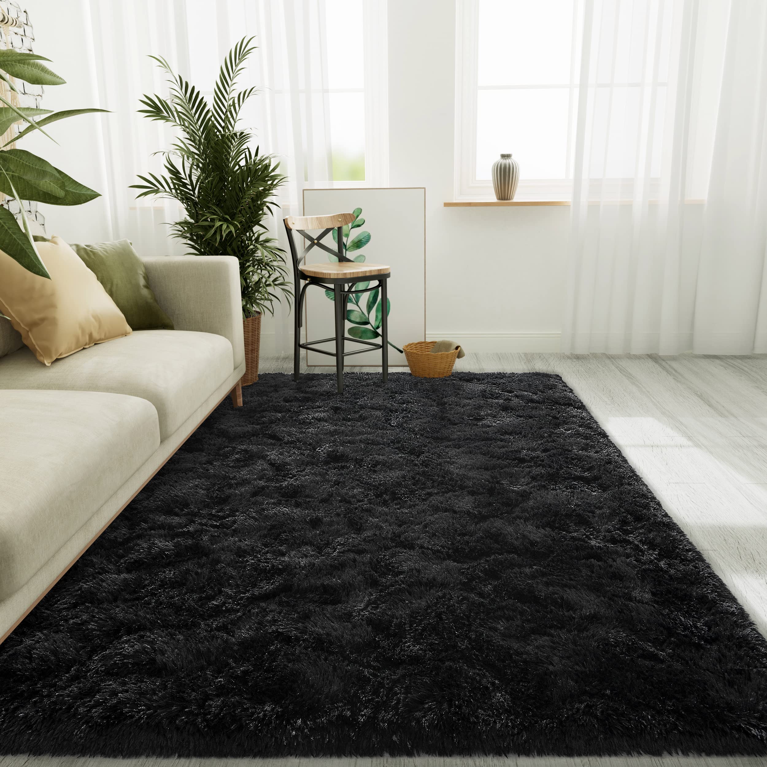 LOCHAS Ultra Soft Indoor Modern Area Rugs Fluffy Living Room Carpets for Children Bedroom Home Decor Nursery Rug 5x8 Feet, Black