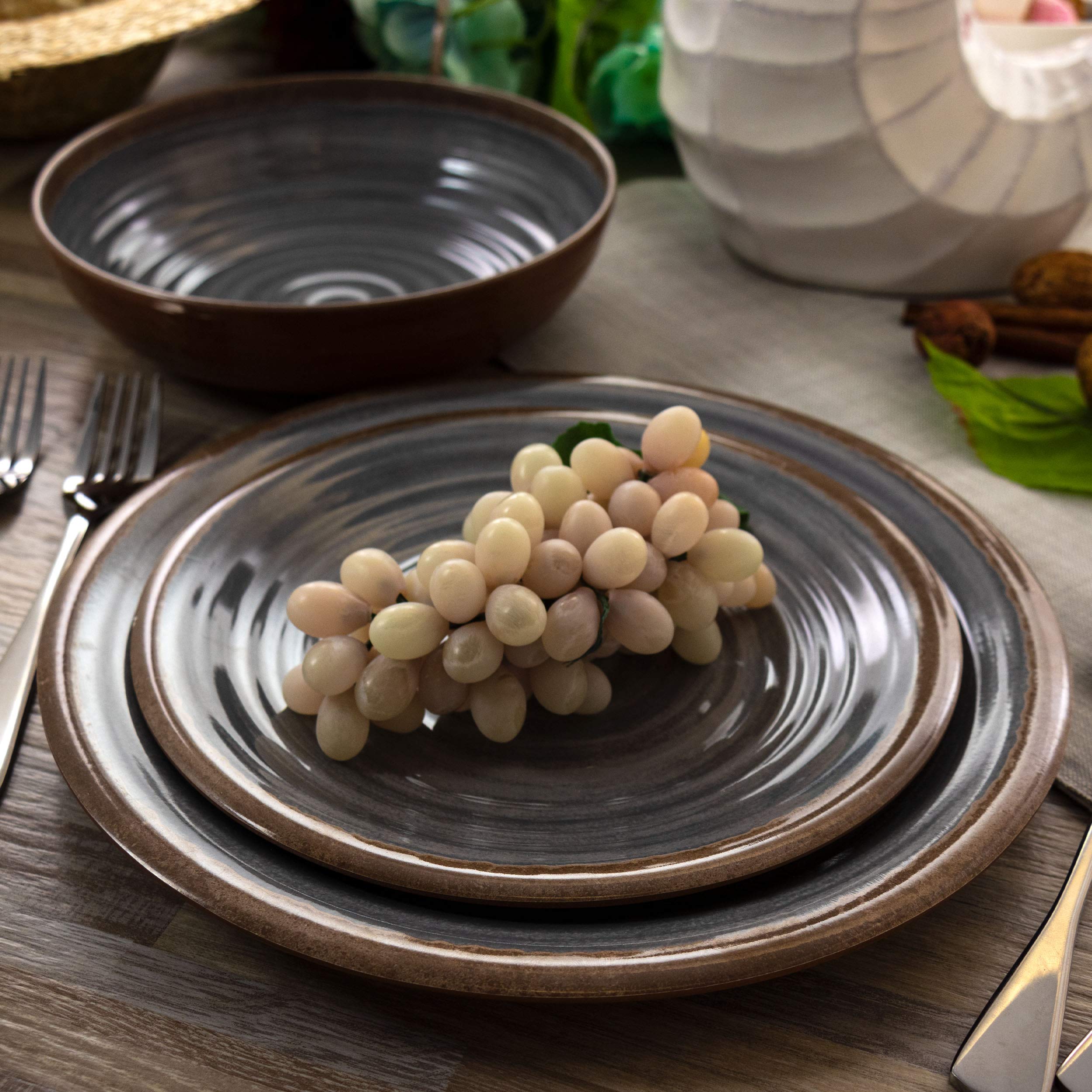Elama Lightweight Dinnerware Set, 12 Piece, Charcoal and Brown