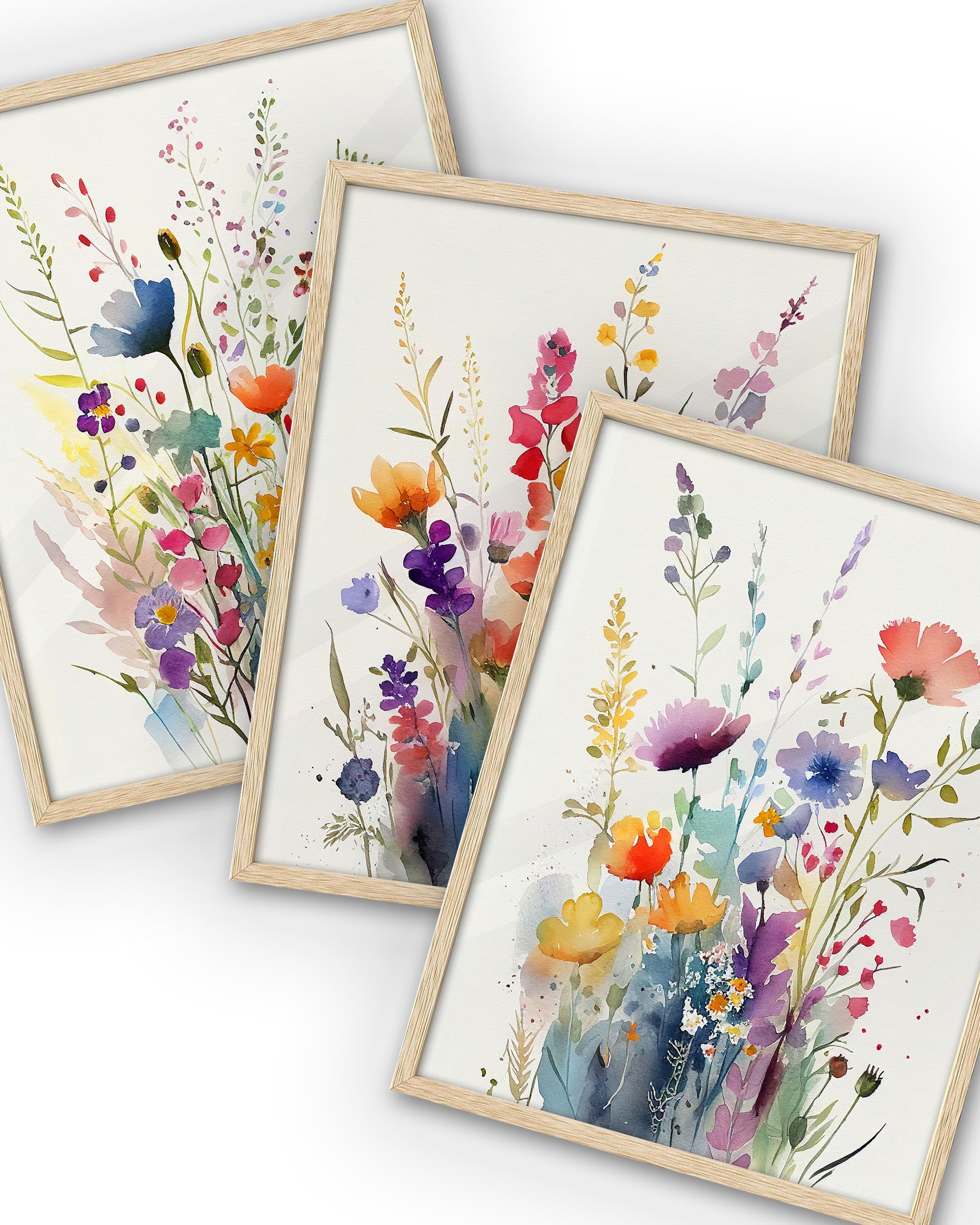 Ihery Natural Oak Wood Framed Bright Floral Wall Art, 12X16 In Set Of 3 Colorful Wildflower Canvas Prints, Beige Narrow Frame Bo
