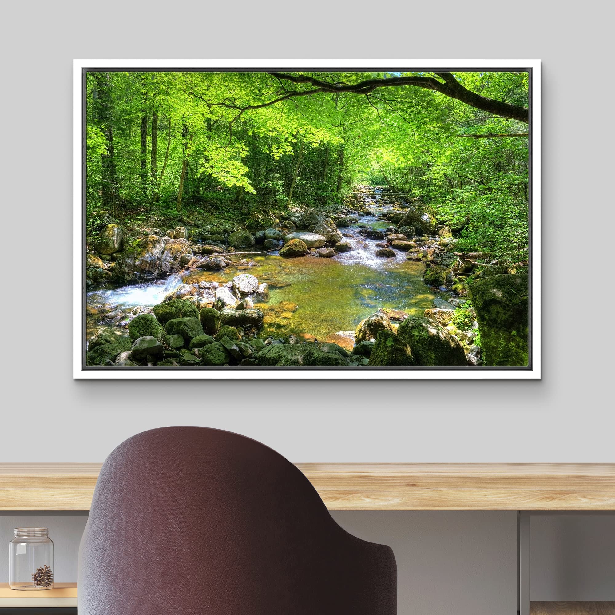 wall26 Framed Canvas Print Wall Art River Through The Green Forest Nature Wilderness Photography Modern Art Rustic Scenic Colorful Multicolor for Living Room  Bedroom  Office - 16''x24'' White