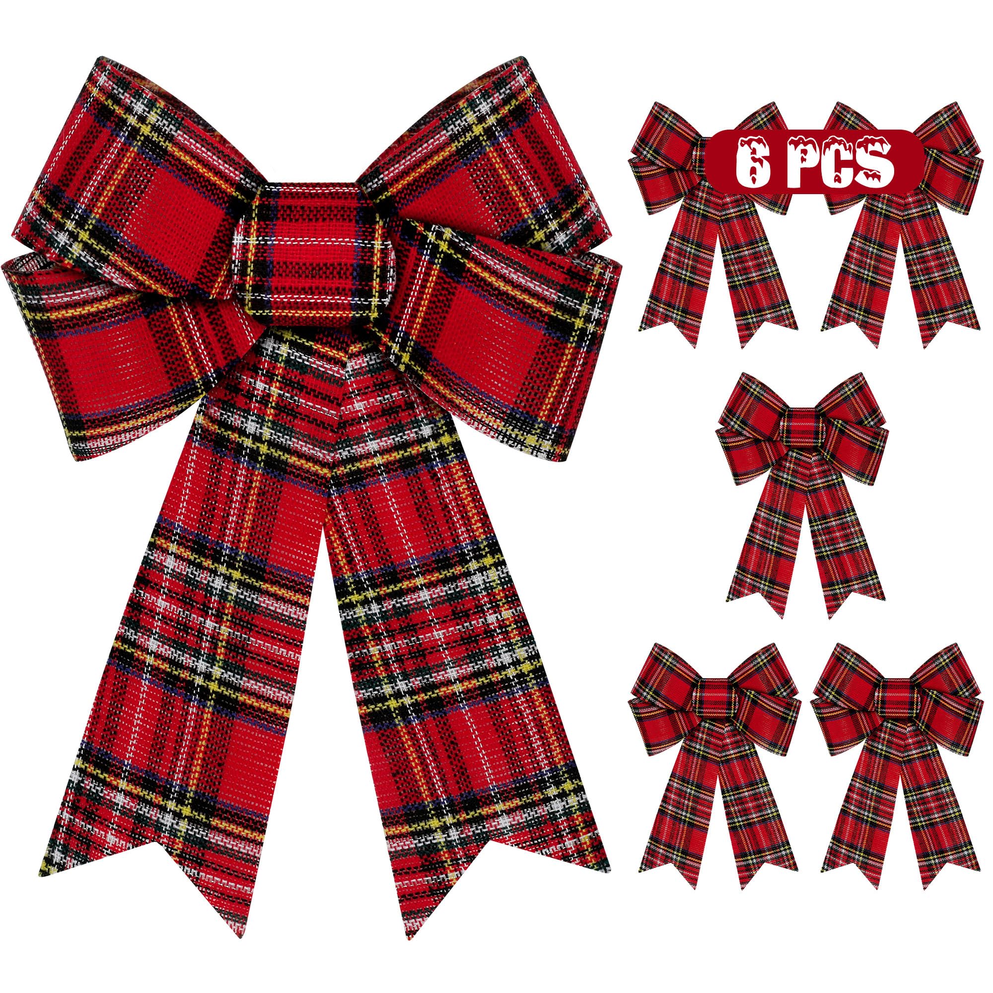 6 PCS Christmas Tree Decor, 9 x 12 Inch Large Christmas Bows, Buffalo Plaid White Black Red Xmas Decor PVC Xmas Decor Indoor Out