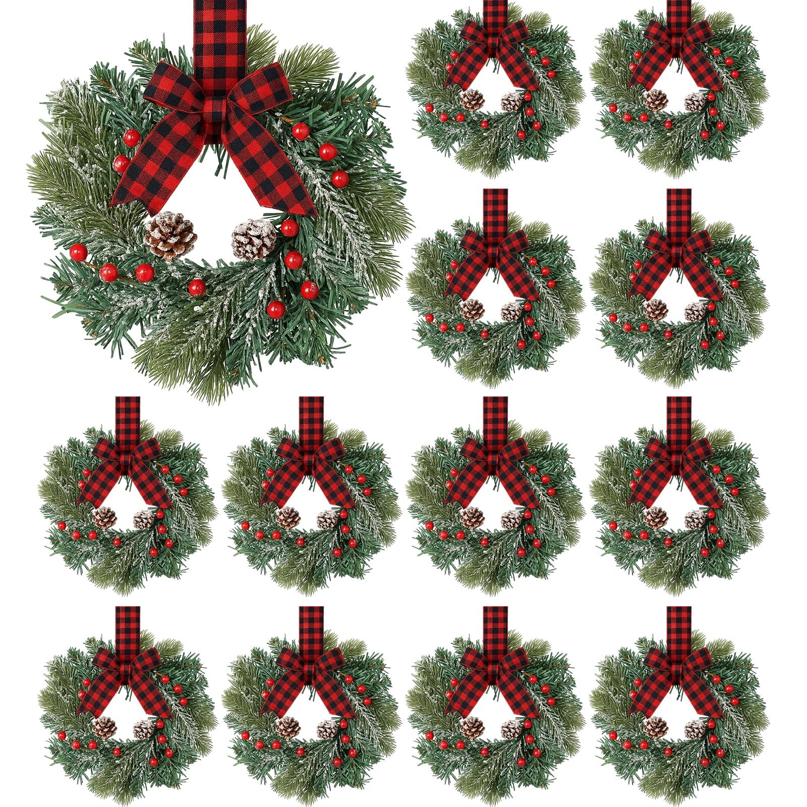 Jexine 12 Pieces Mini Christmas Wreaths for Kitchen Cabinet Small Christmas Candle Rings Wreaths Pillars Candle Rings Table Cent