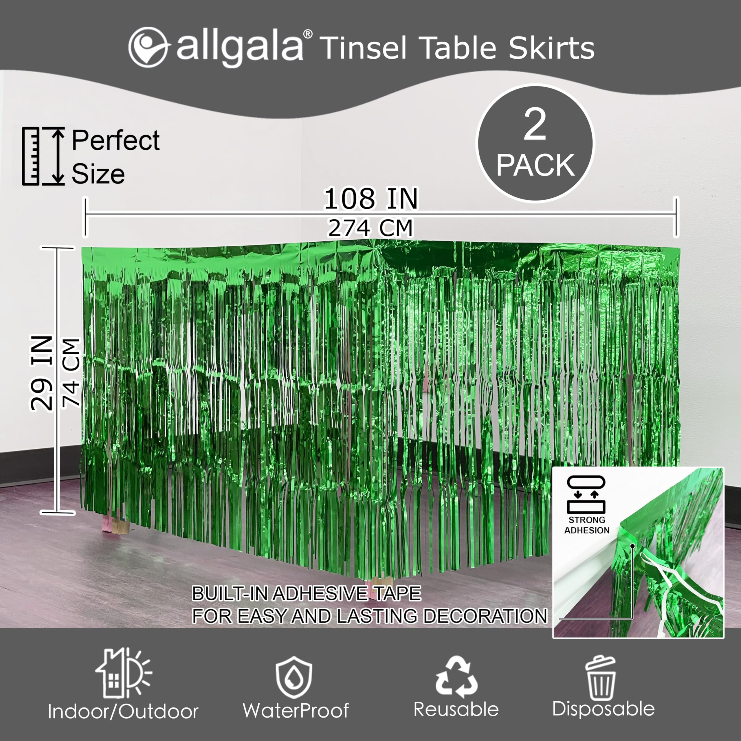 Allgala Green Tinsel Table Skirt 2-Pack 29X108 Inch Metallic Foil Fringe Table Skirts For Party Event, Parade Float, Party Decor
