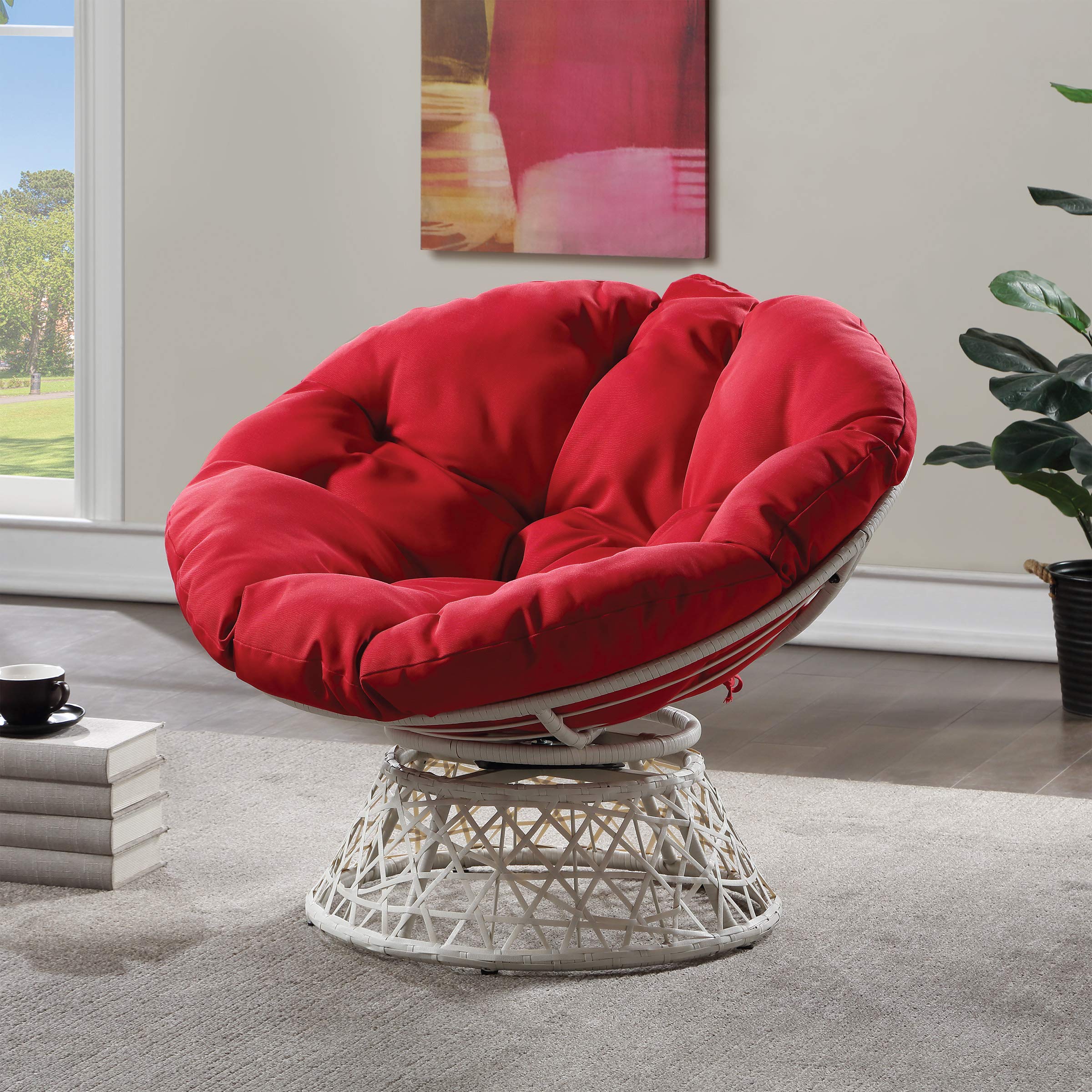 Osp Home Furnishings Wicker Papasan Chair With 360-Degree Swivel, 40A W X 36A D X 3525A H, Cream Frame With Red Cushion