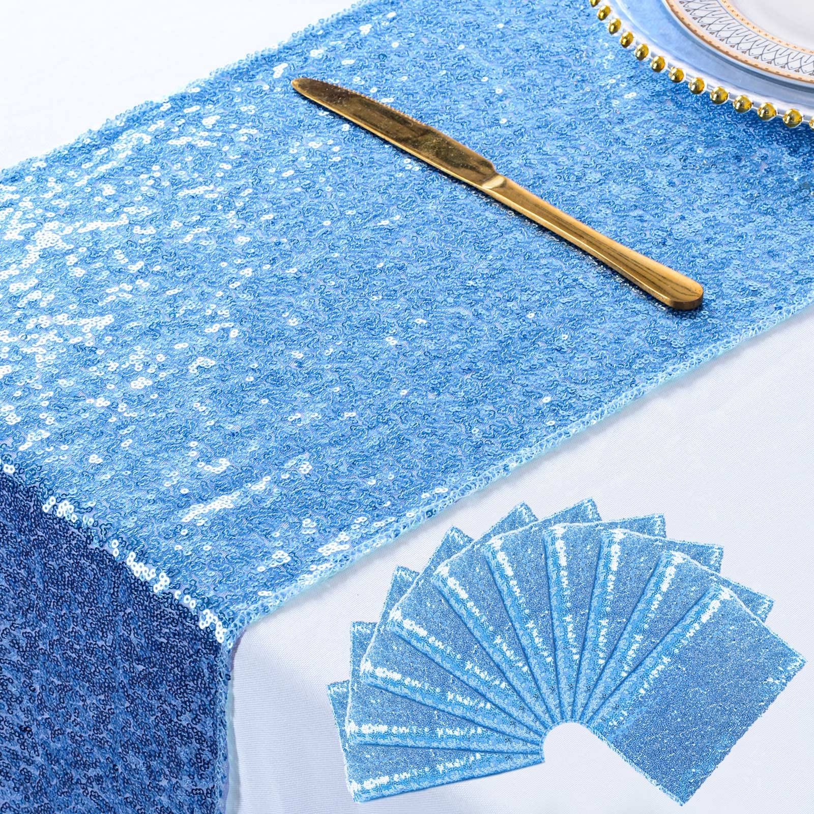 ShiDianYi Sequin Table Runners 10PCs 12x72 Baby Blue Glitter Table Cover for Birthday Party Light-Blue Baby Shower Wedding Table