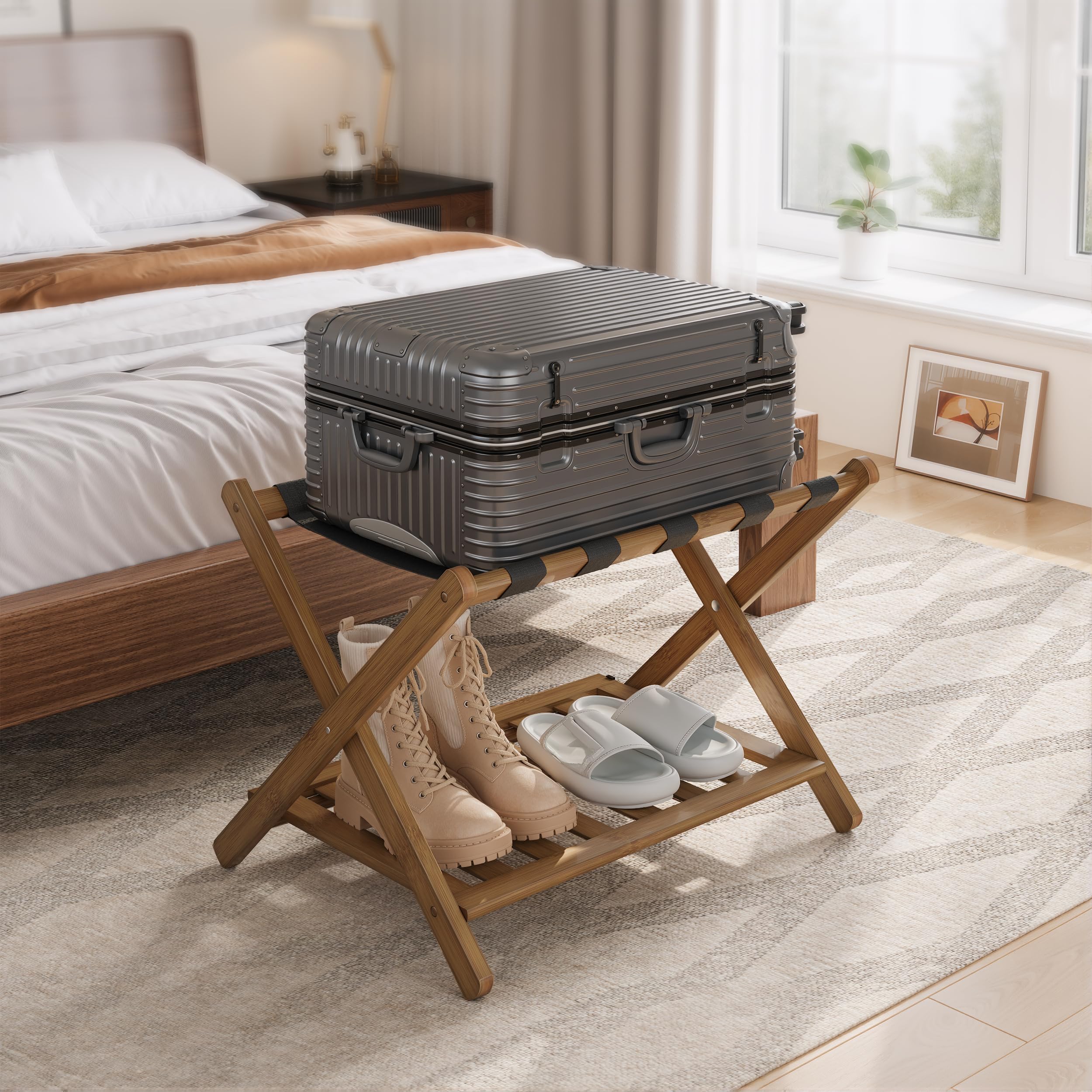Smuxee Fully Assembled Black Walnut Luggage Rack, Upgraded Bamboo Foldable Suitcase Stand with 5 Nylon Straps, Luggage Holder wi