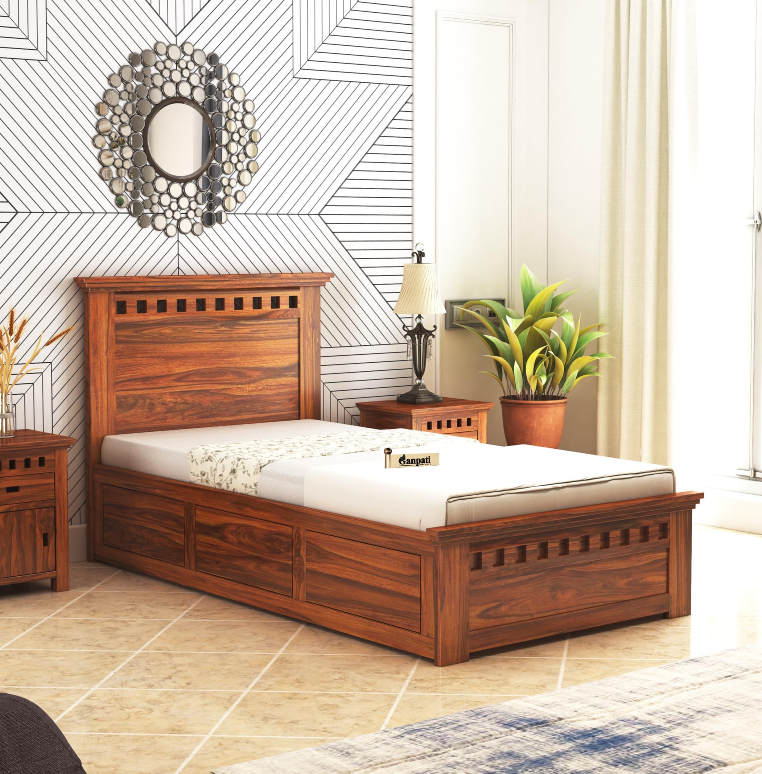 Ganpati Arts Sheesham Wood Armania Single Size Bed With Box Storage For Bedroom Wooden Single Bed Palang For Home 1 Year Warrant
