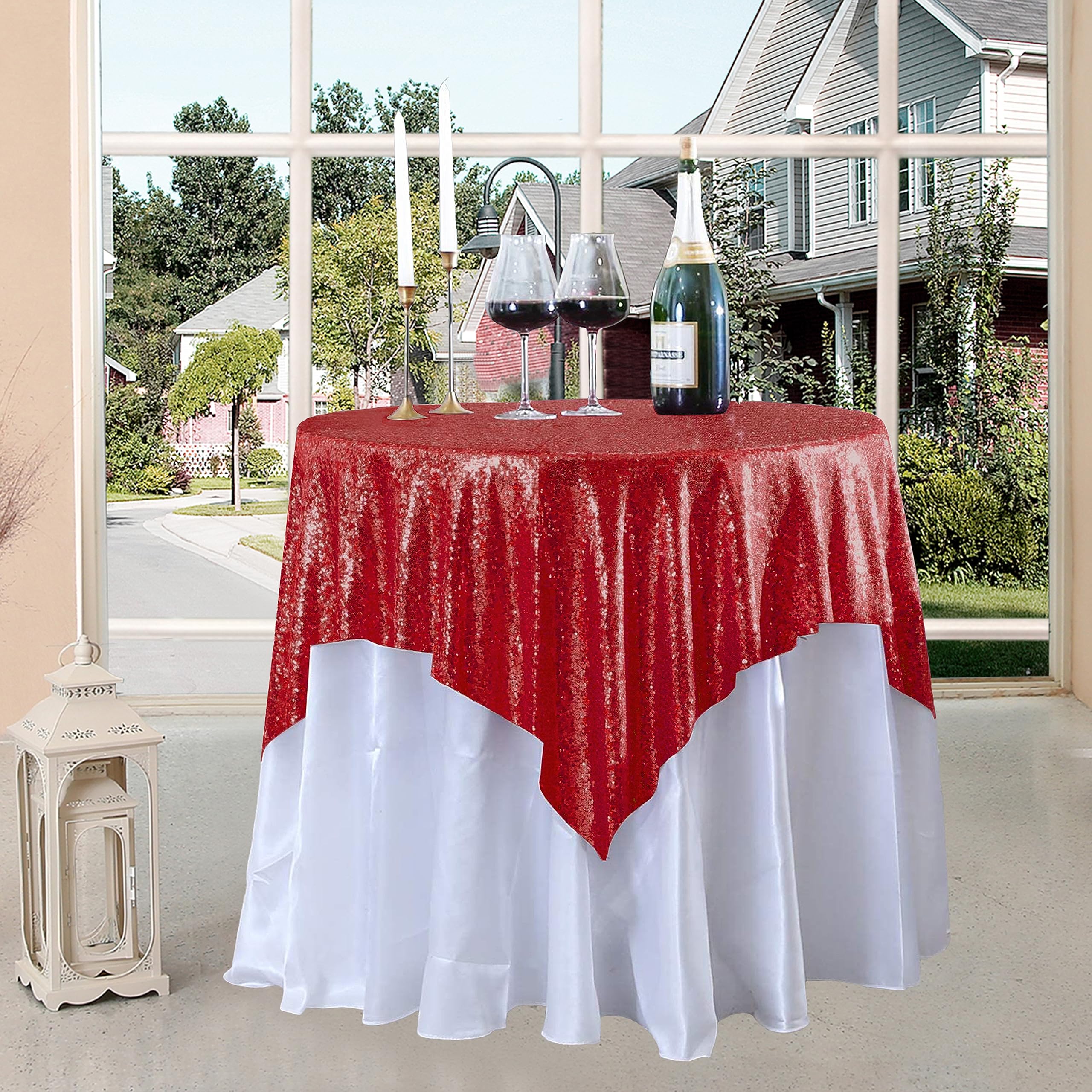 Fyledaee Red Sequin Tablecloth Round 50X50 Inch Square Glitter Shimmer Table Cover For Wedding Baby Shower Birthday Party Dinner