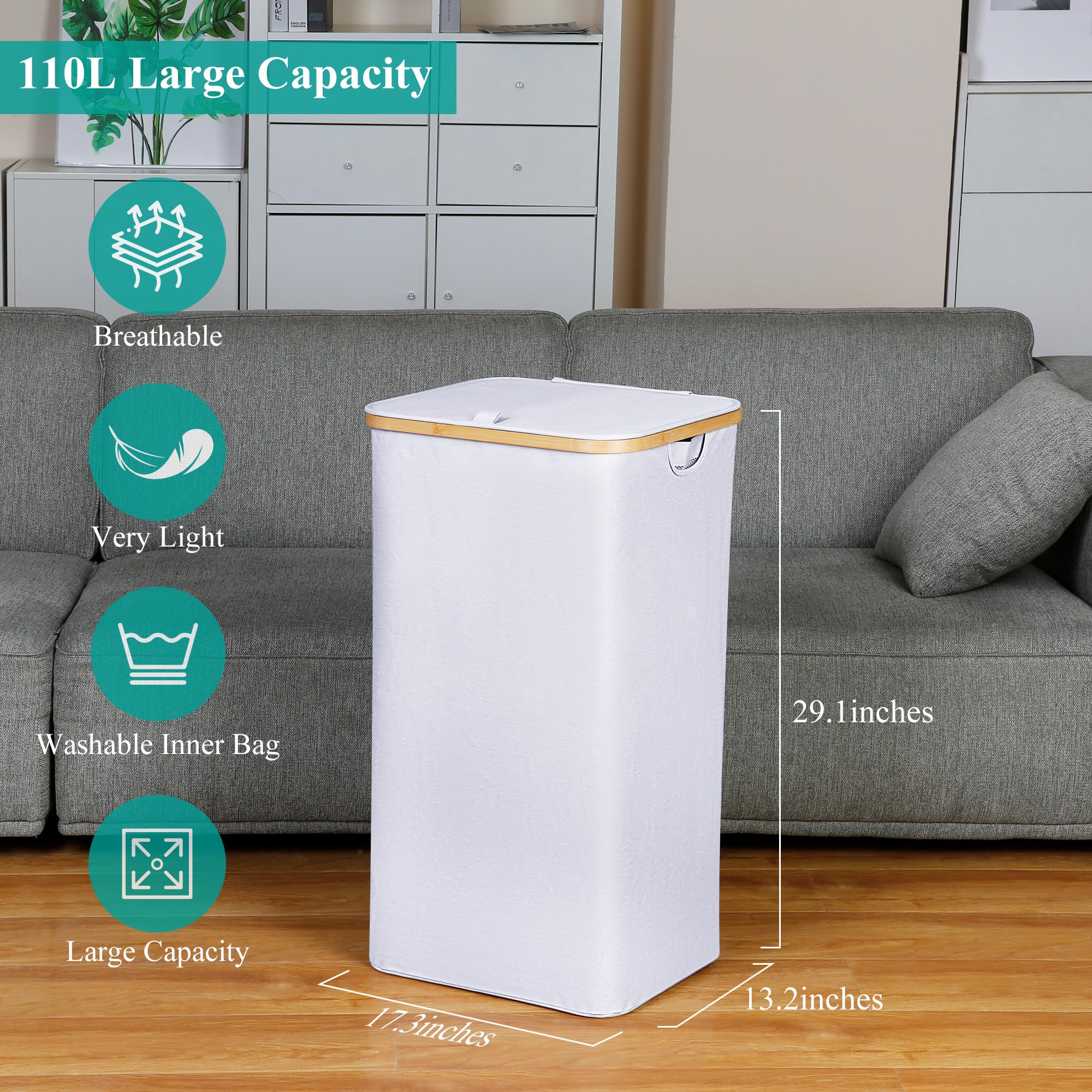 Iegrow 110L Laundry Hamper With Lid,Dirty Clothes Hampers For Laundry,Laundry Basket With Bamboo Handles And Removable Bag,Hampe