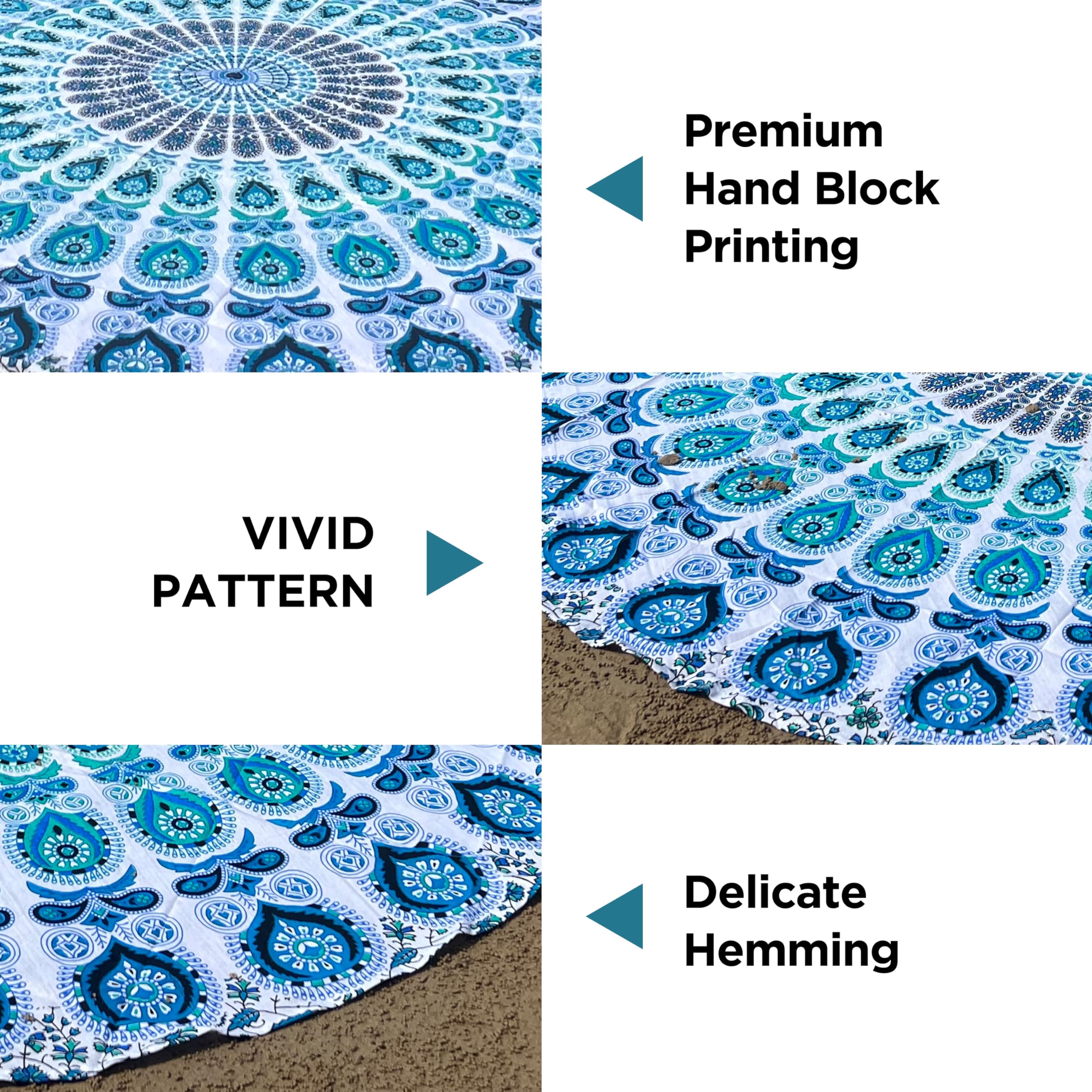Raajsee White Blue Mandala Round Beach Tapestry Hippie/Boho Beach Blanket Roundie/Indian Cotton Throw Bohemian Round Table Cloth