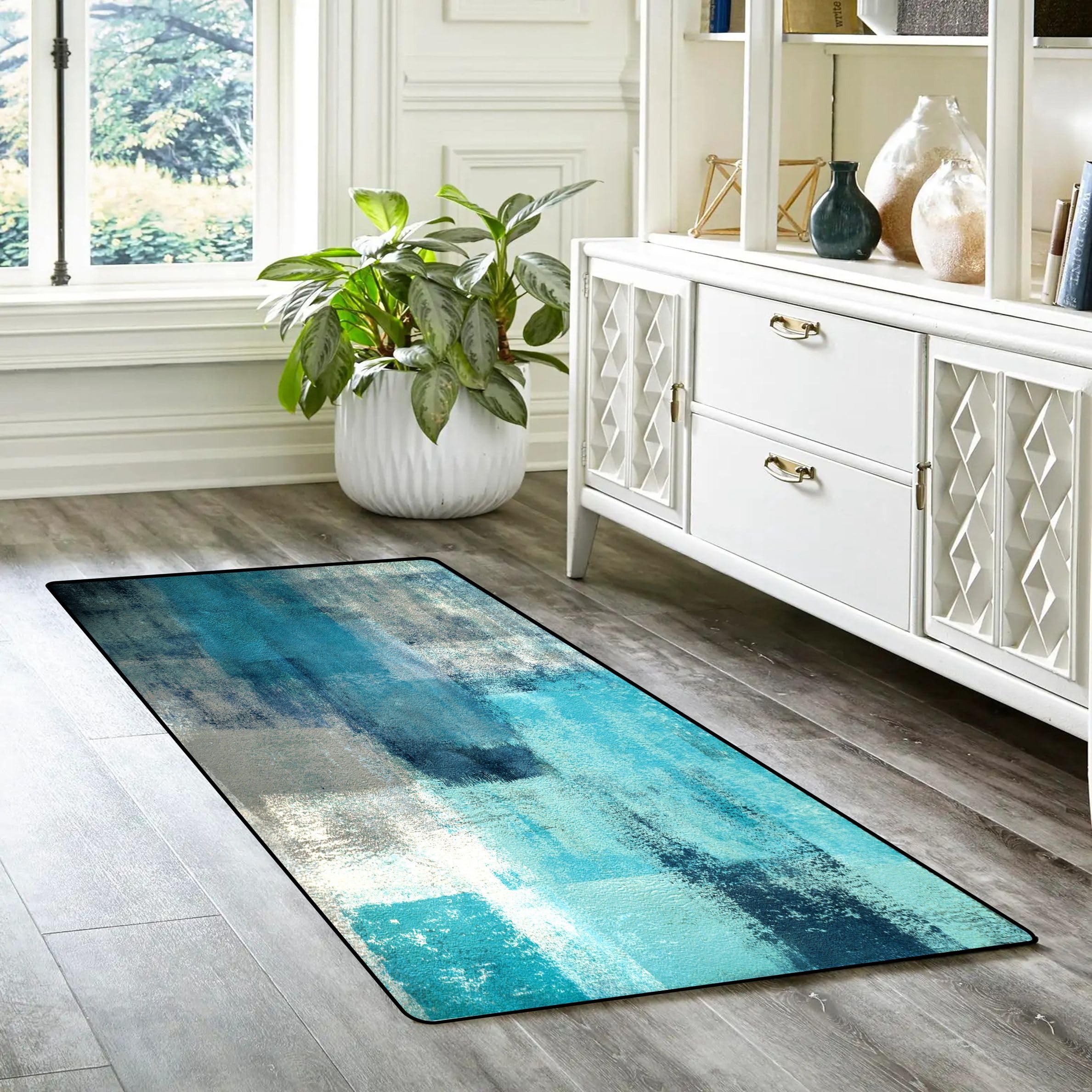 Tomwish Turquoise Kitchen Rug Kitchen Mats Turquoise And Grey Abstract Art Painting 18''X48''+18''X30'' Washable Non-Slip Kitche