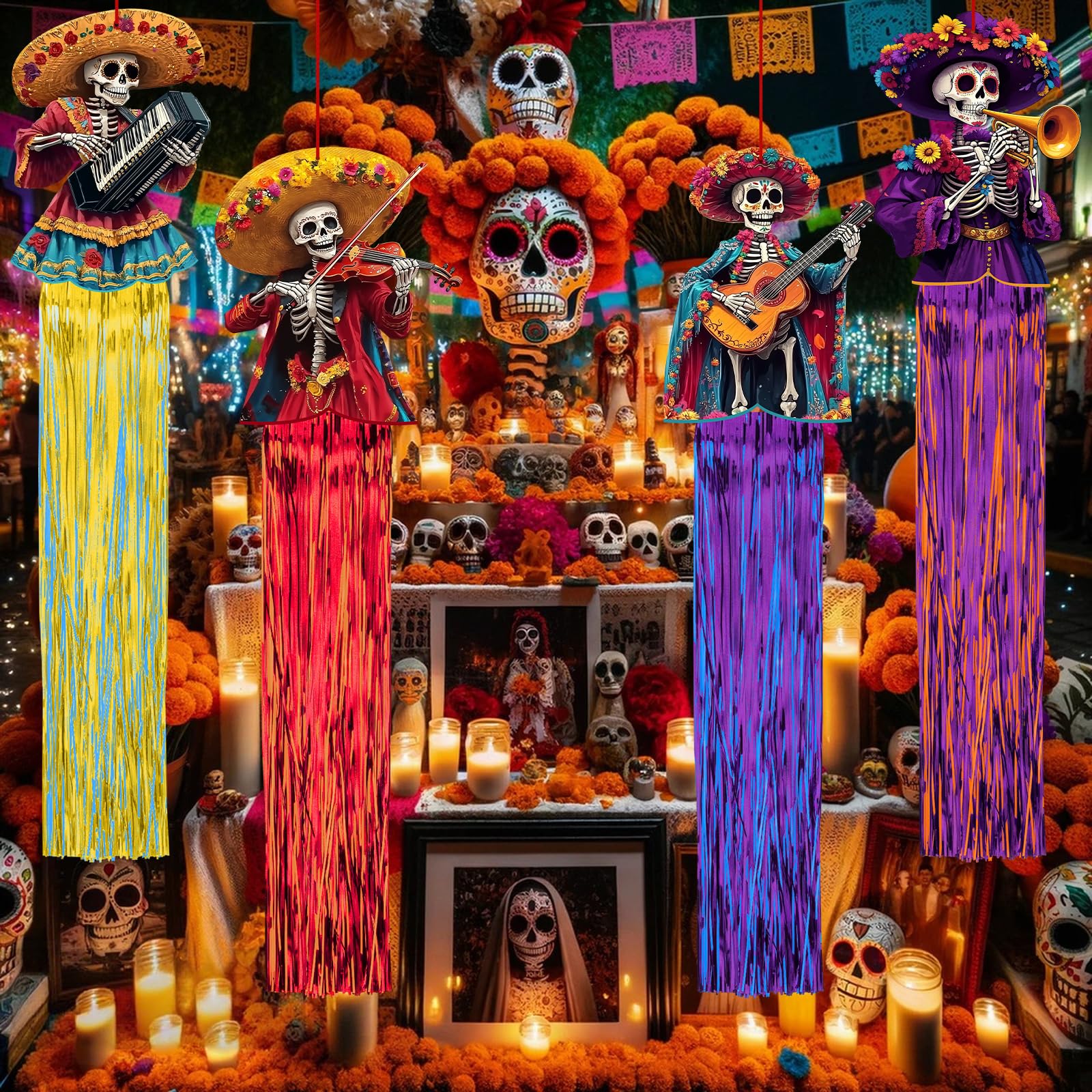8 Pcs Day of The Dead Sugar Skull Hanging Decorations, 4.9 Ft Dia De Los Muertos Hanging Decorations for Dia de Los Muertos Alta
