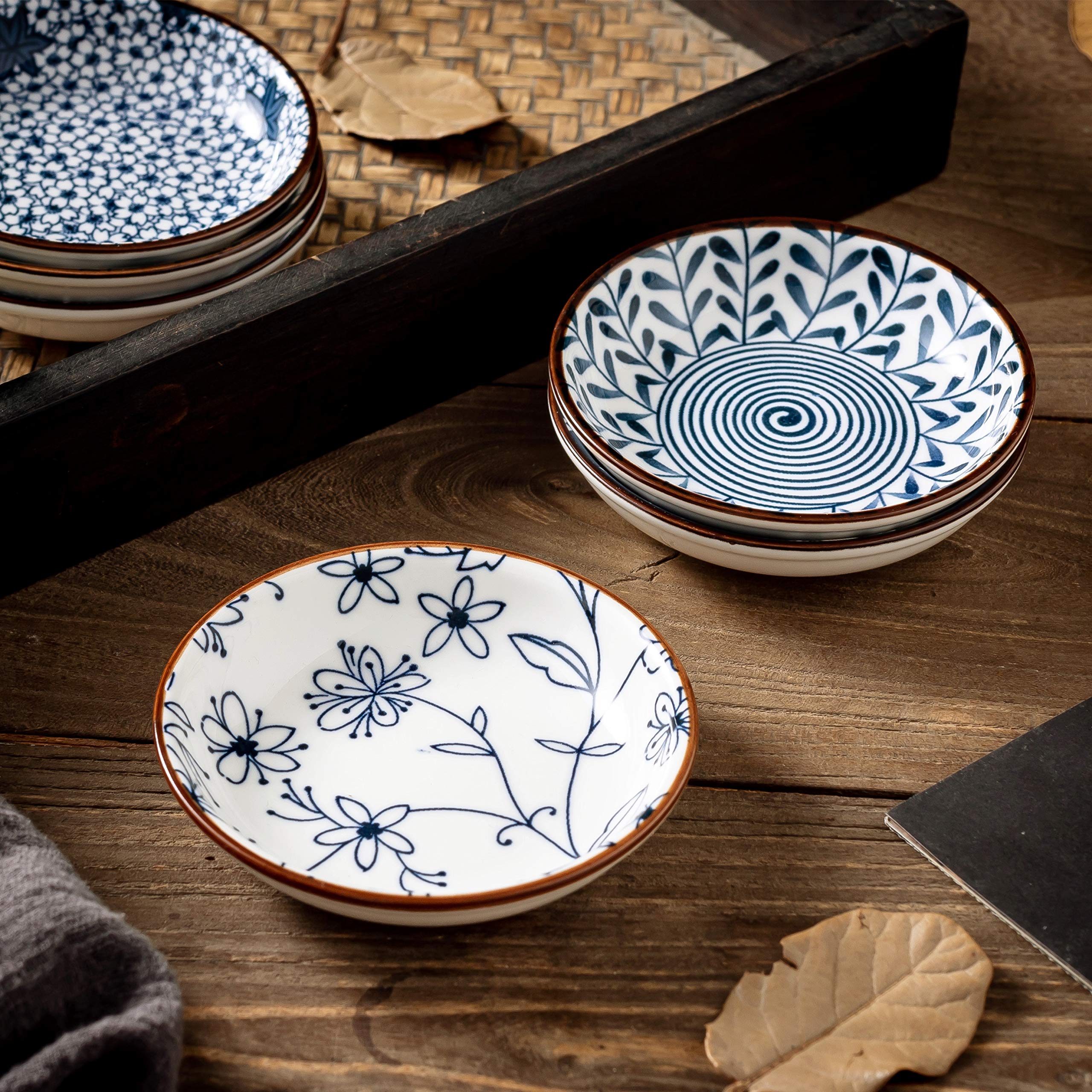 Swuut Ceramic Dipping Bowls Set of 6, 4" Blue and White Soy Sauce Dishes for Sushi, Snack, and Dip - KYB001