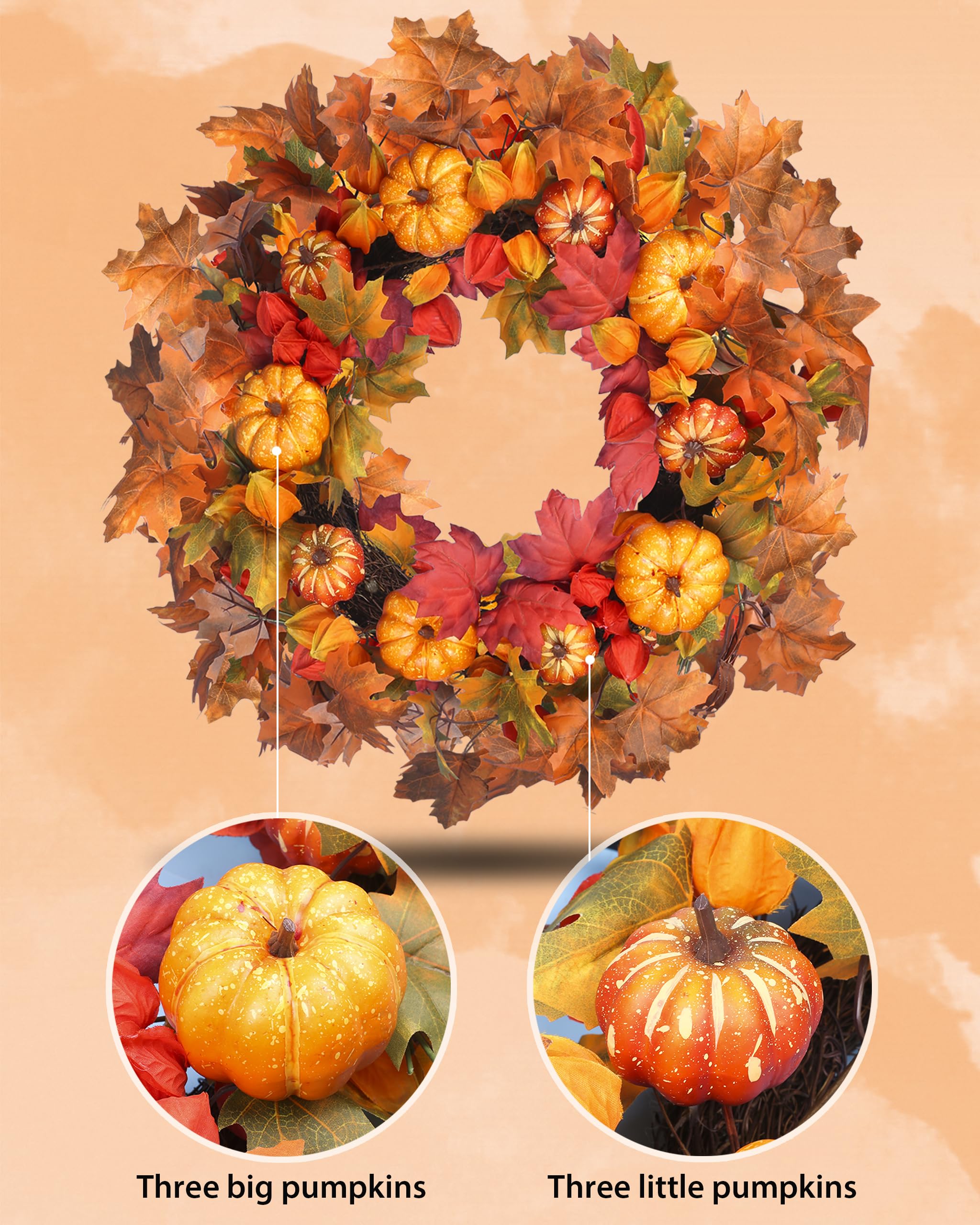 DFRREN 24 Inch Thanksgiving Fall Wreath, Autumn Wreaths for Front Door Halloween Wreath with Pumpkin Red Lantern Fruit Maple Lea