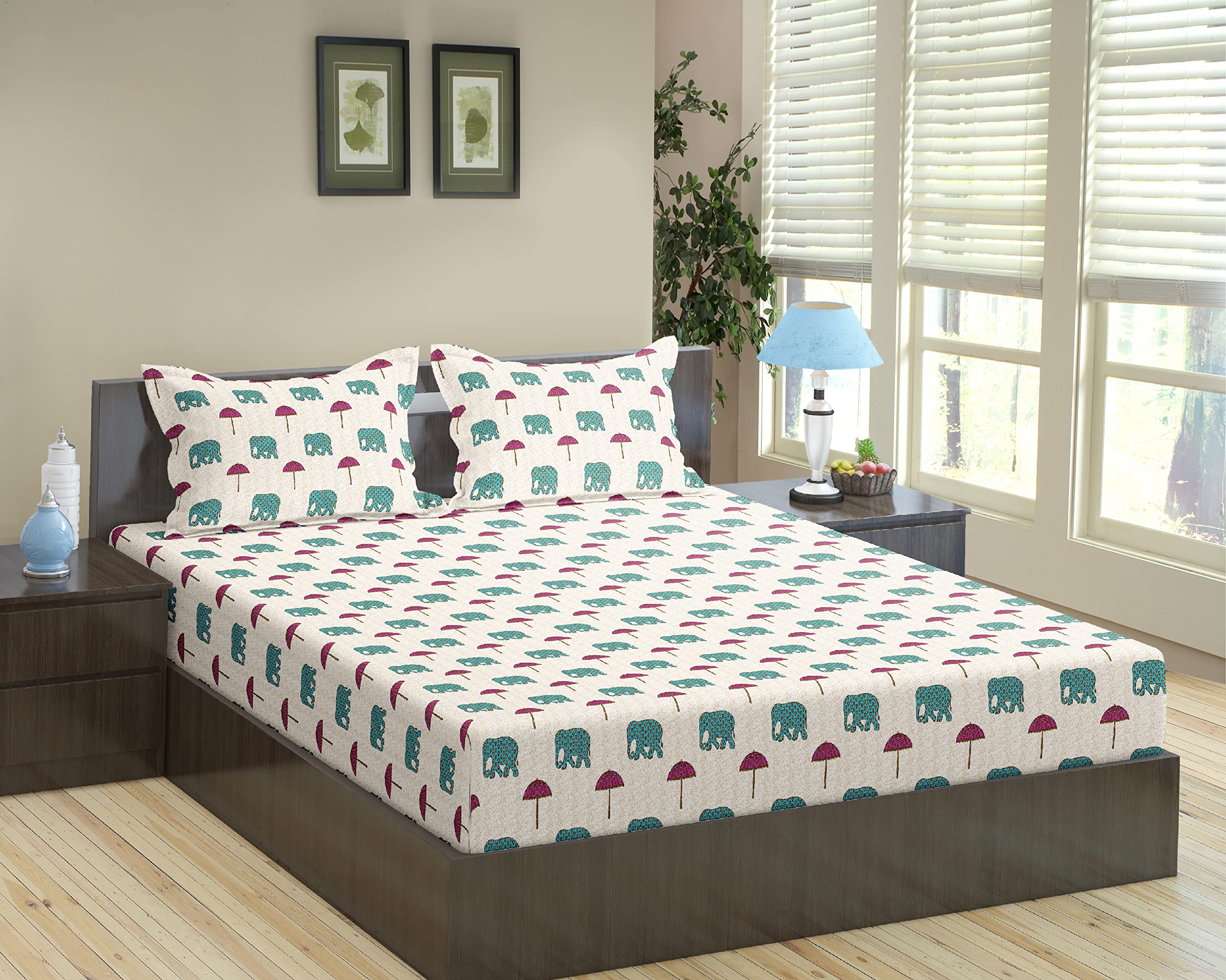 Trance Home Linen 180Tc 100% Cotton 78X72 Standard King Size Elastic Fitted Bedsheet|Printed King Bed Size Elasticated Fitted Be