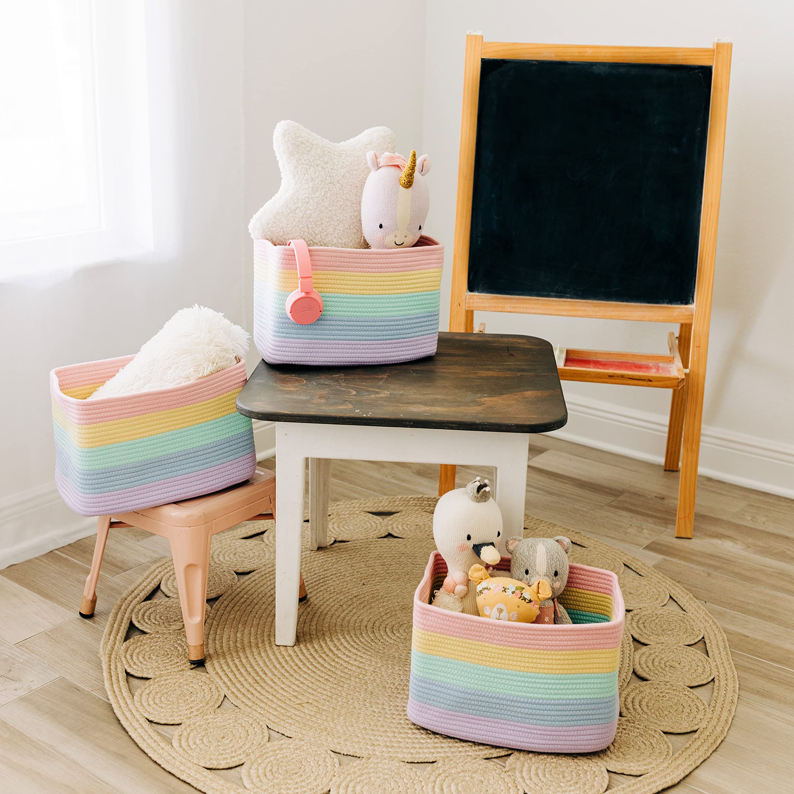 OrganiHaus Rope Rainbow Storage Baskets for Shelves | Rainbow Baskets for Pastel Classroom Decor | Baby Basket for Pastel Room Decor | Pastel Rainbow Storage Bins Colorful Baskets for Baby Room