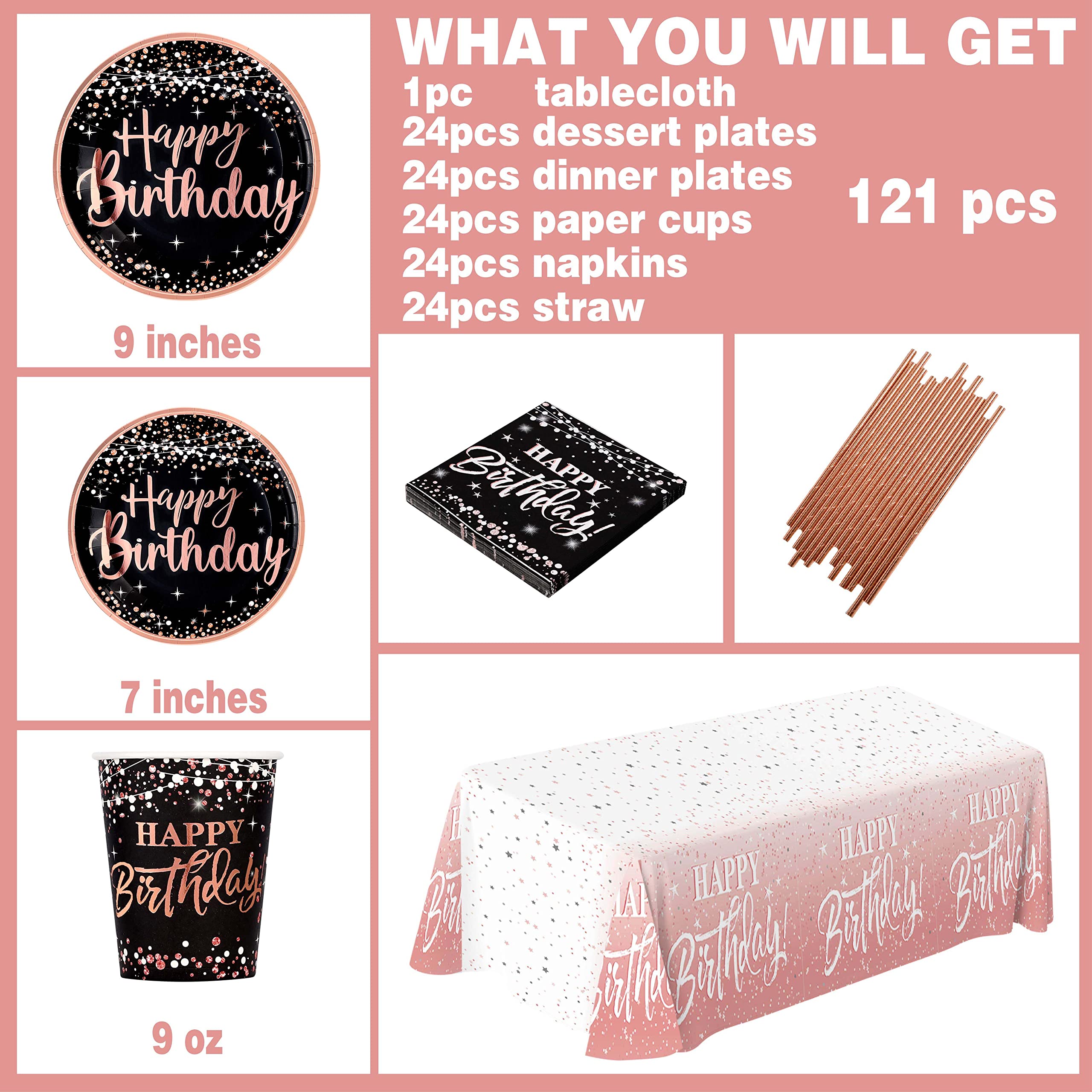 Happy Birthday Decorations Plates For Women - (Total 121Pcs) Rose Gold Plates And Napkins Party Supplies, Cups, Straws, Tableclo