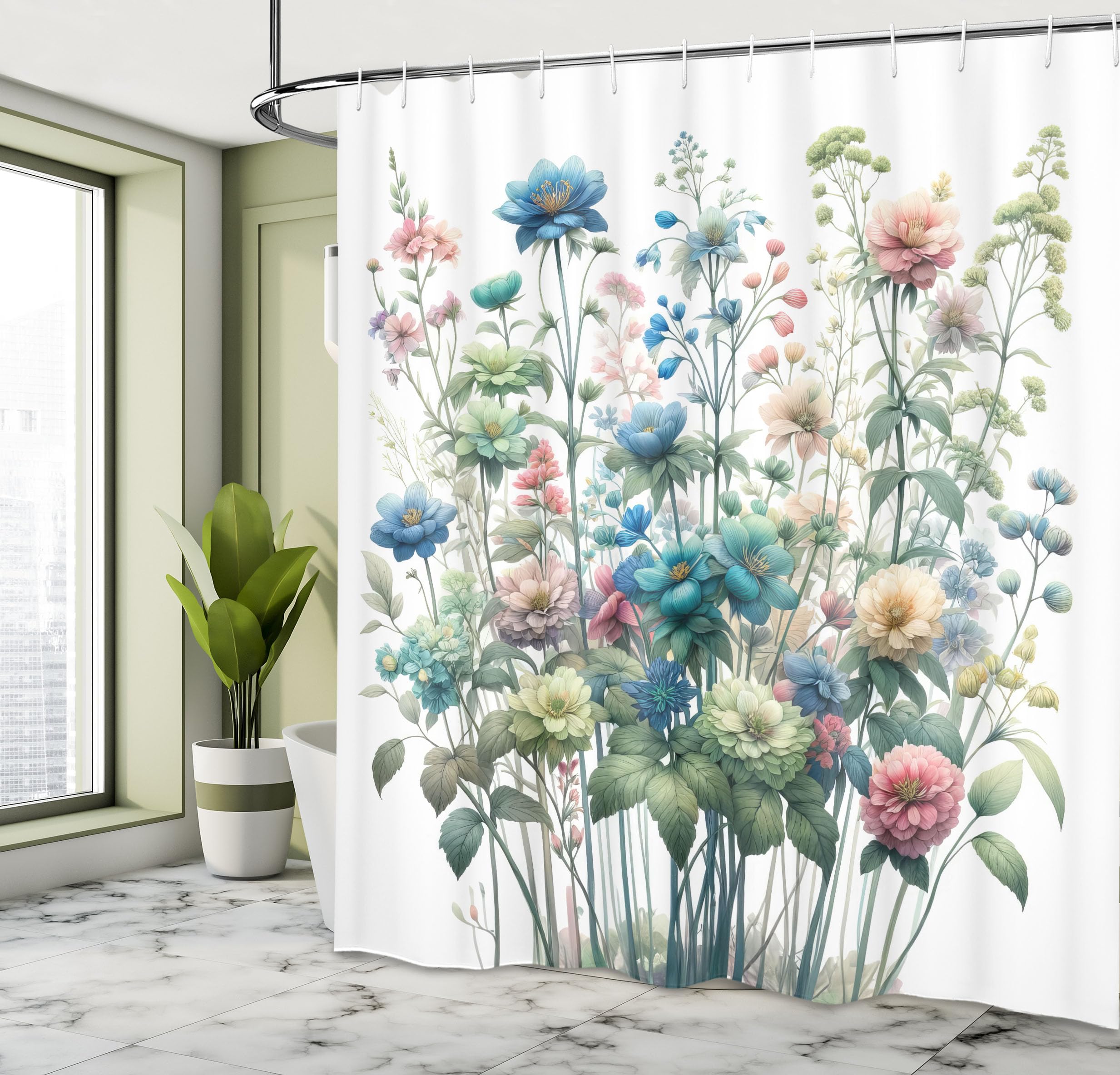 Ambesonne Floral Shower Curtain, Garden Bouquet Composition Of Dreamy Peony Flowers With Greenery Leaves, Cloth Fabric Bathroom
