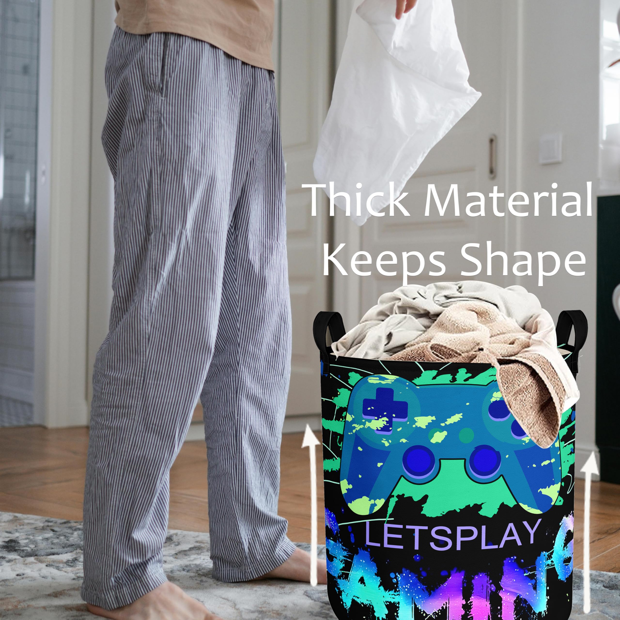 Gaming Laundry Basket With Lining Foldable Kids Laundry Hamper Light Weight Clothes Storage Basket Gamepad Waterproof Room Toy O