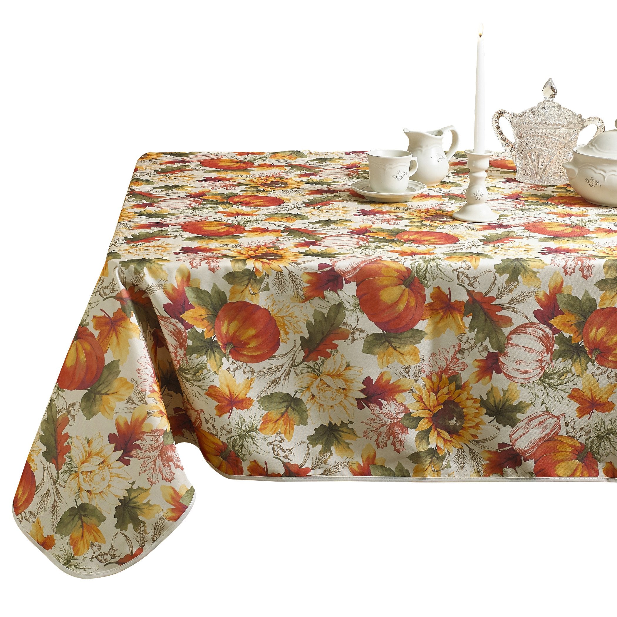 European Fall Harvest Pumpkins And Autumn Leaves Printed Tablecloth - 60'' X 102''