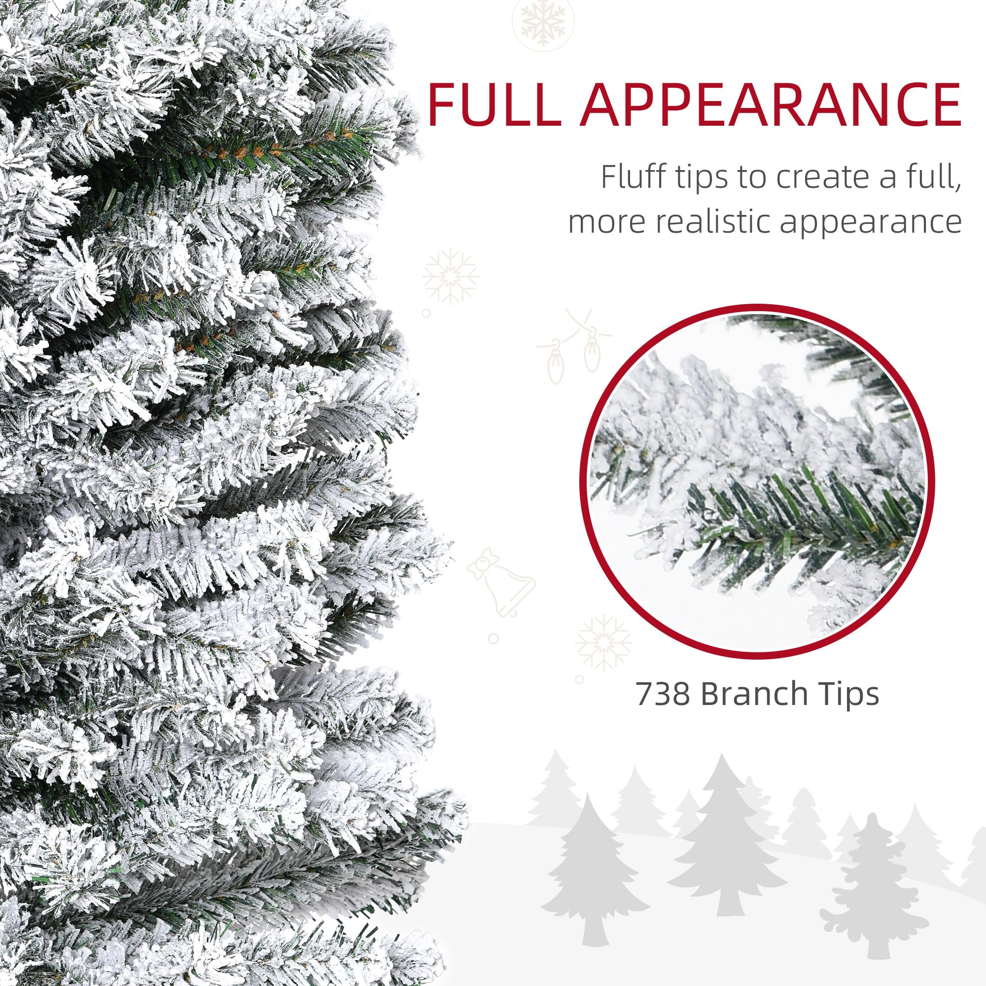 HOMOM 7.5ft Flocked Christmas Tree, Pencil Artificial Xmas Tree with Faux Snow, Dense Branches, Foldable Metal Base for Indoor H