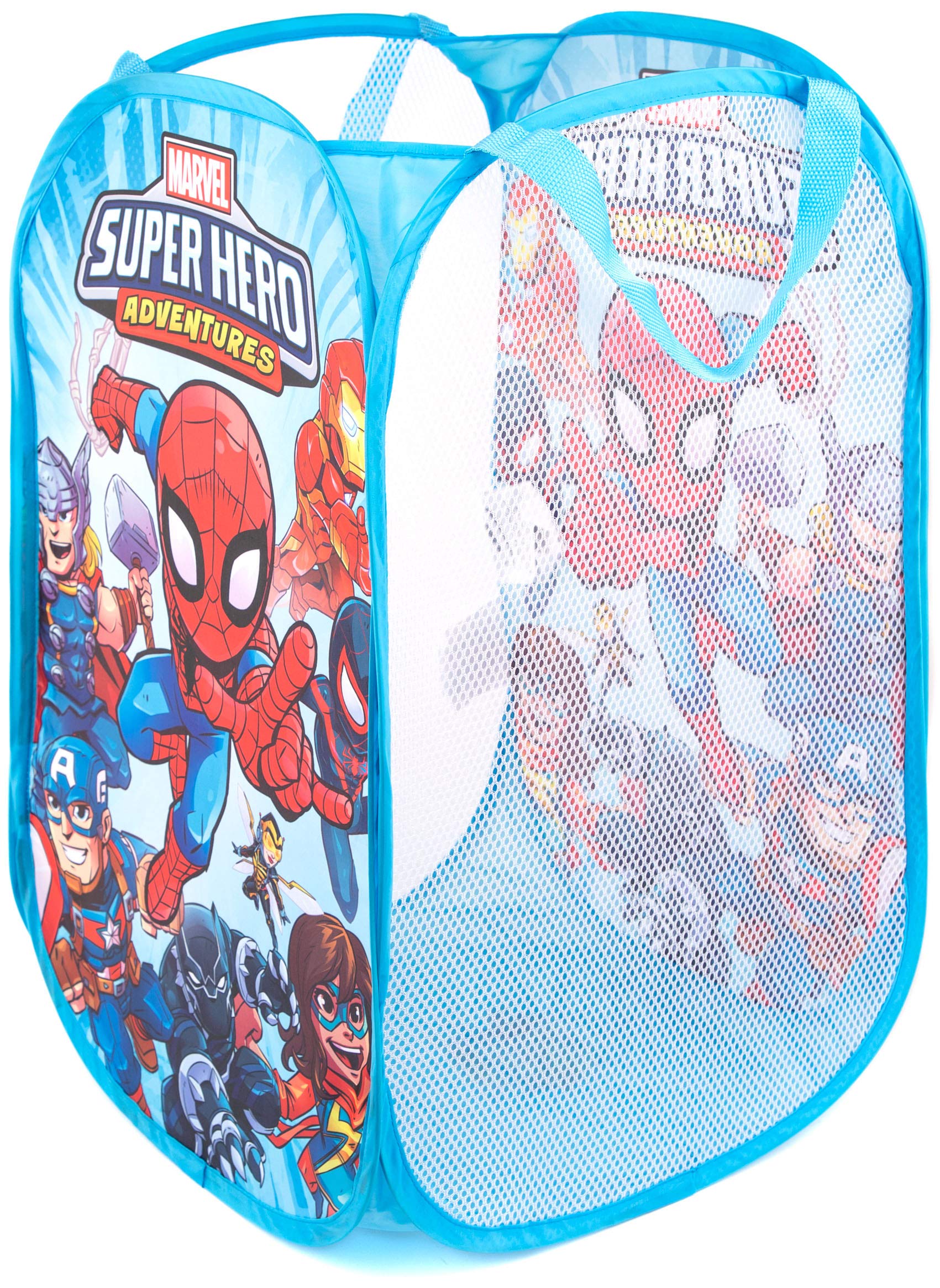 Marvel Super Hero Adventures Pop Up Hamper - Mesh Laundry Basket/Bag with Durable Handles - Features Spiderman  Iron Man  Captain America & Thor (Official Marvel Product)