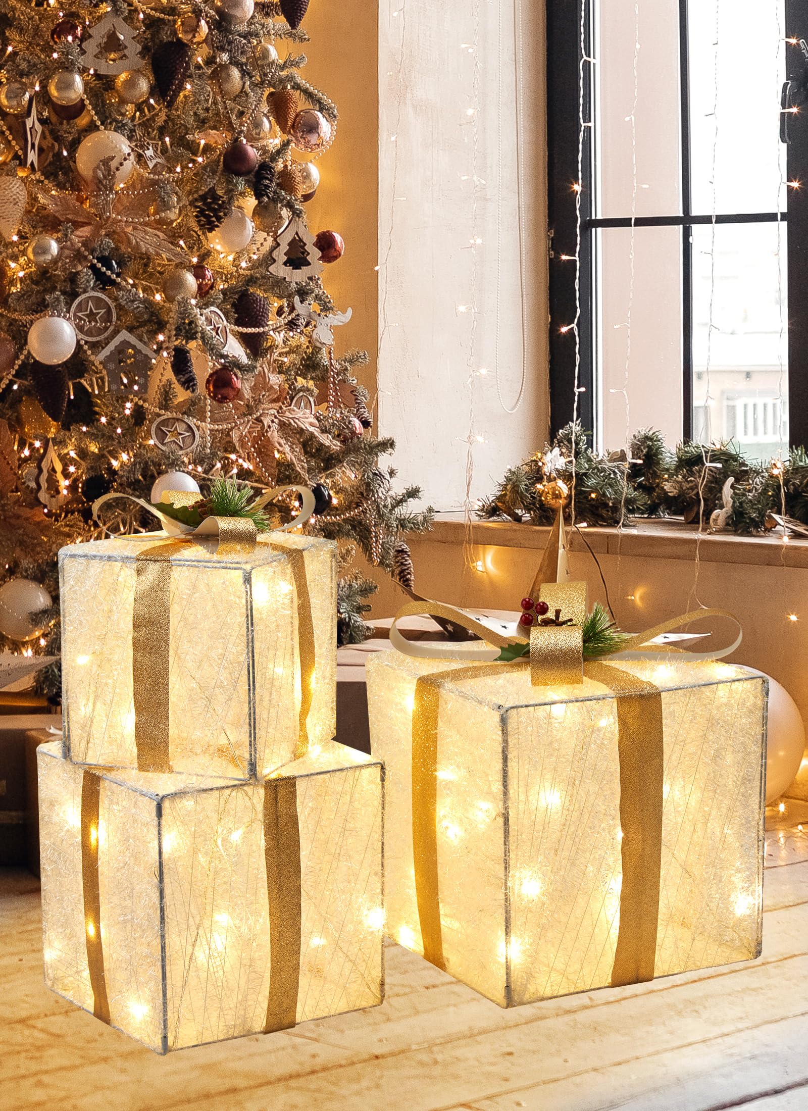 3 Pieces Lighted Gift Boxes Christmas Decorations, 12in 10in 8in with 60 Pre-Strung Mini String Lights, Foldable Light up Presen