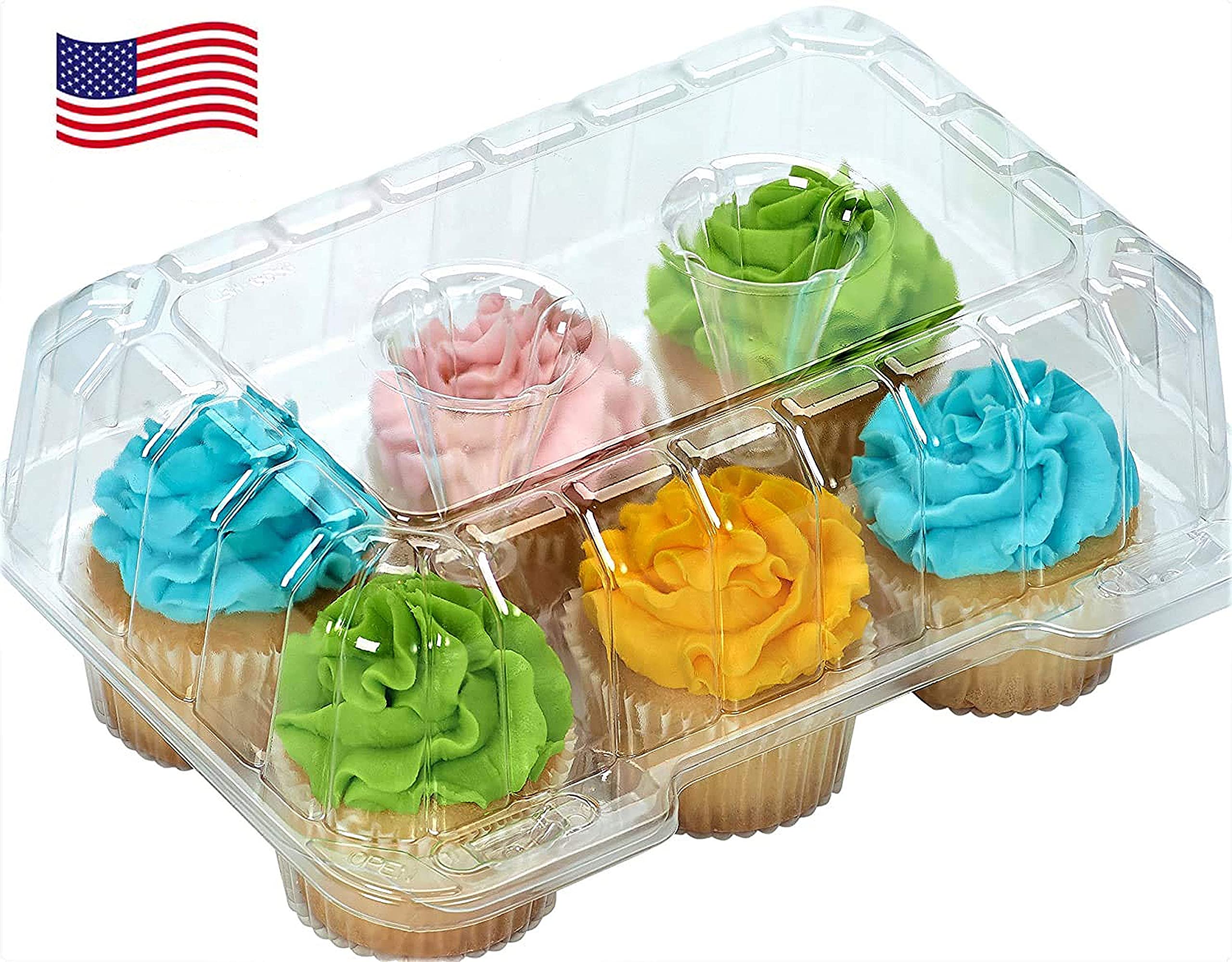Decony Cupcake Boxes 6 Count [ Made In Usa ]- Clear Plastic Cupcake Containers With 4'' High Dome Lid- Durable Cupcake Holders-