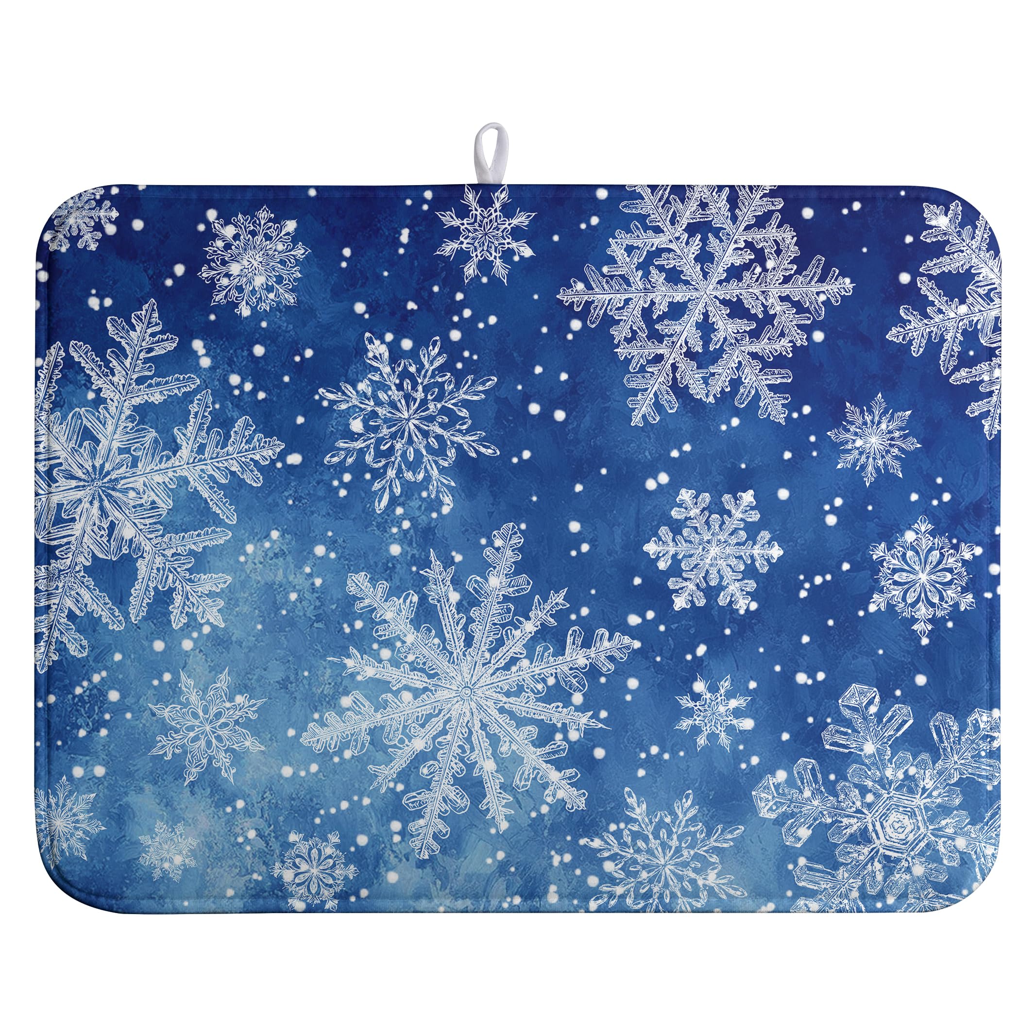 Winter Blue Snowflake Dish Drying Mat for Kitchen Counter Merry Christmas Snowflakes Drying Mats Xmas Holiday Dish Draining Mat 