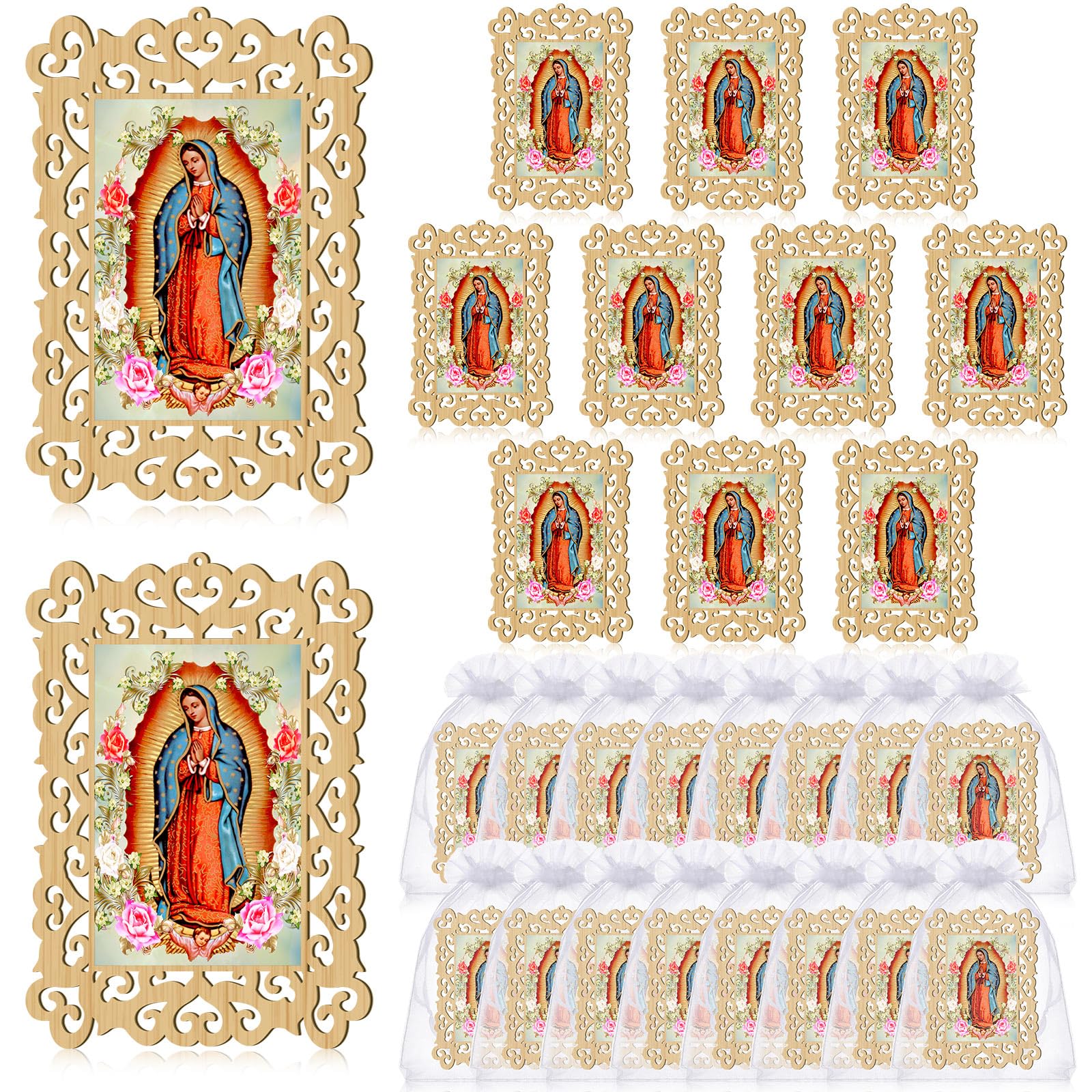 Quelay 24 Pcs Our Lady of Guadalupe Wooden Picture Frames with Organza Gift Bags Baptism Favors for Guests First Communion Chris