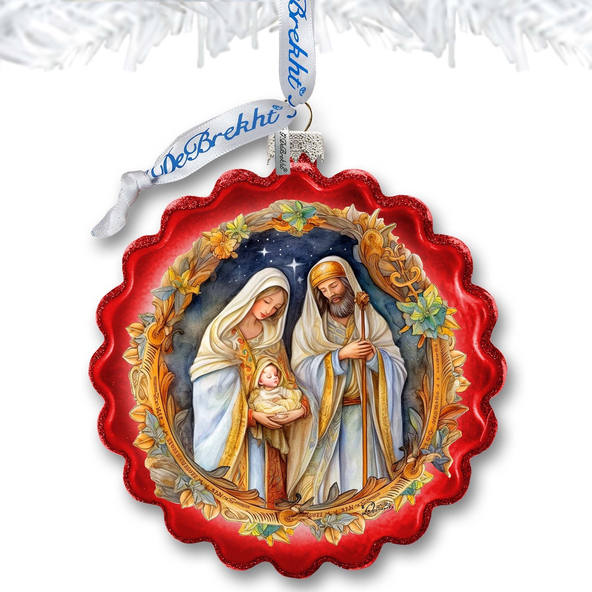 Classic Holy Family Nativity Wreath Glass Ornament by G. Debrekht - Christmas Santa Snowman Décor - 759-059