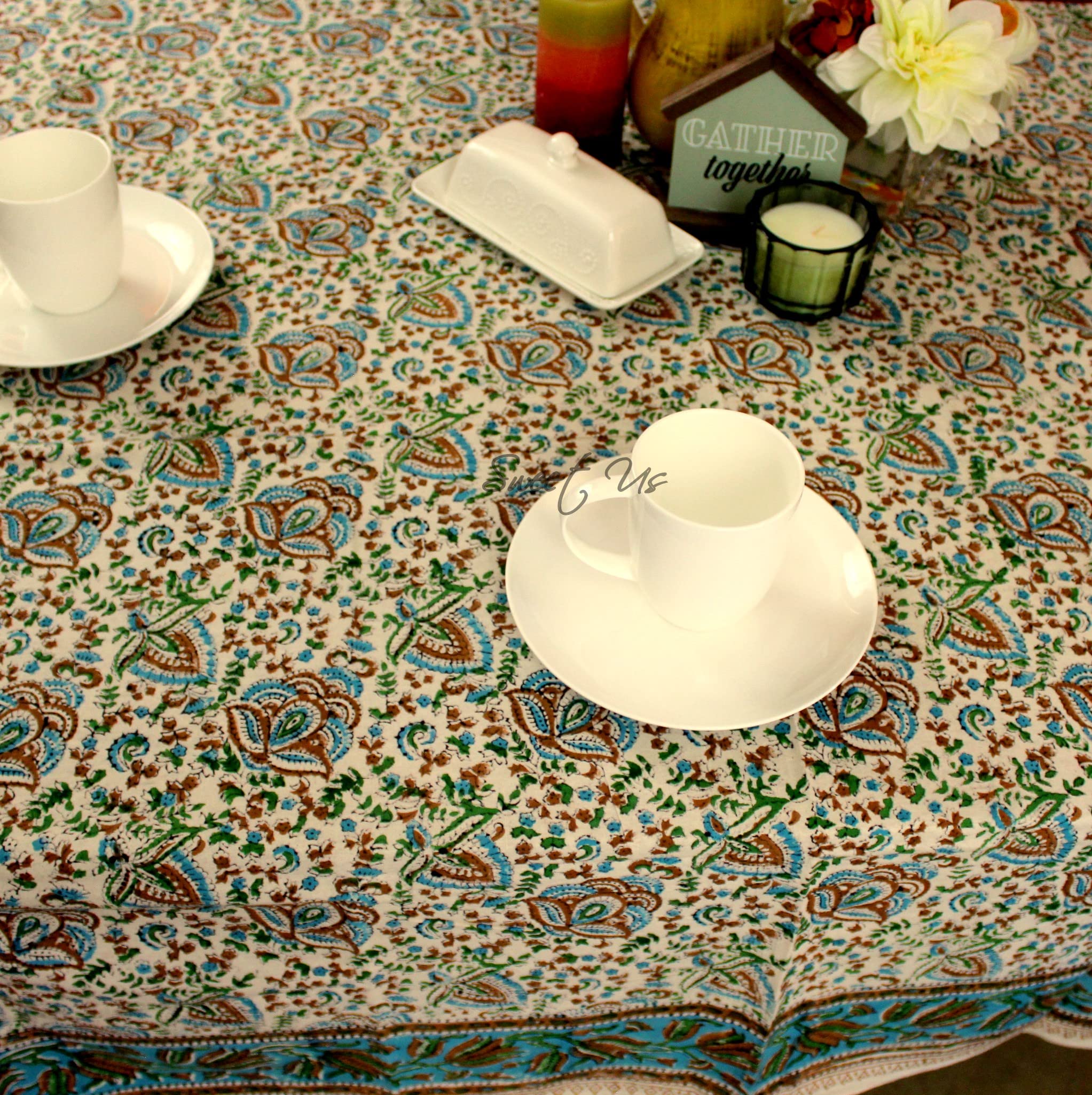 Sweet Us Ashlyn Block Print Tablecloth For Square Tables 70X70 And One Gray Napkin, Floral Cotton Kitchen, Dining Linen, Sky Blu