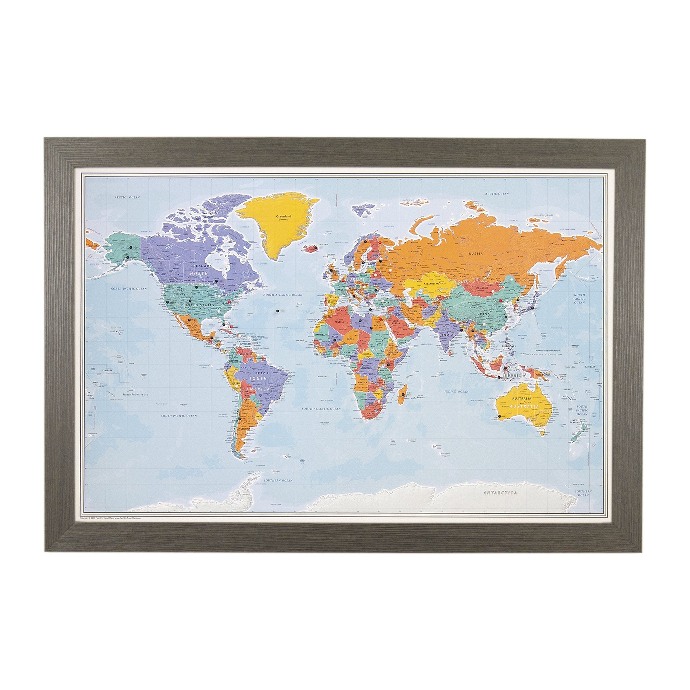 Push Pin Travel Maps - Blue Oceans World - Barnwood Gray Framed Pin Map For Tracking Your Travels - 27.5'' X 39.5'' - 8 Handcraf
