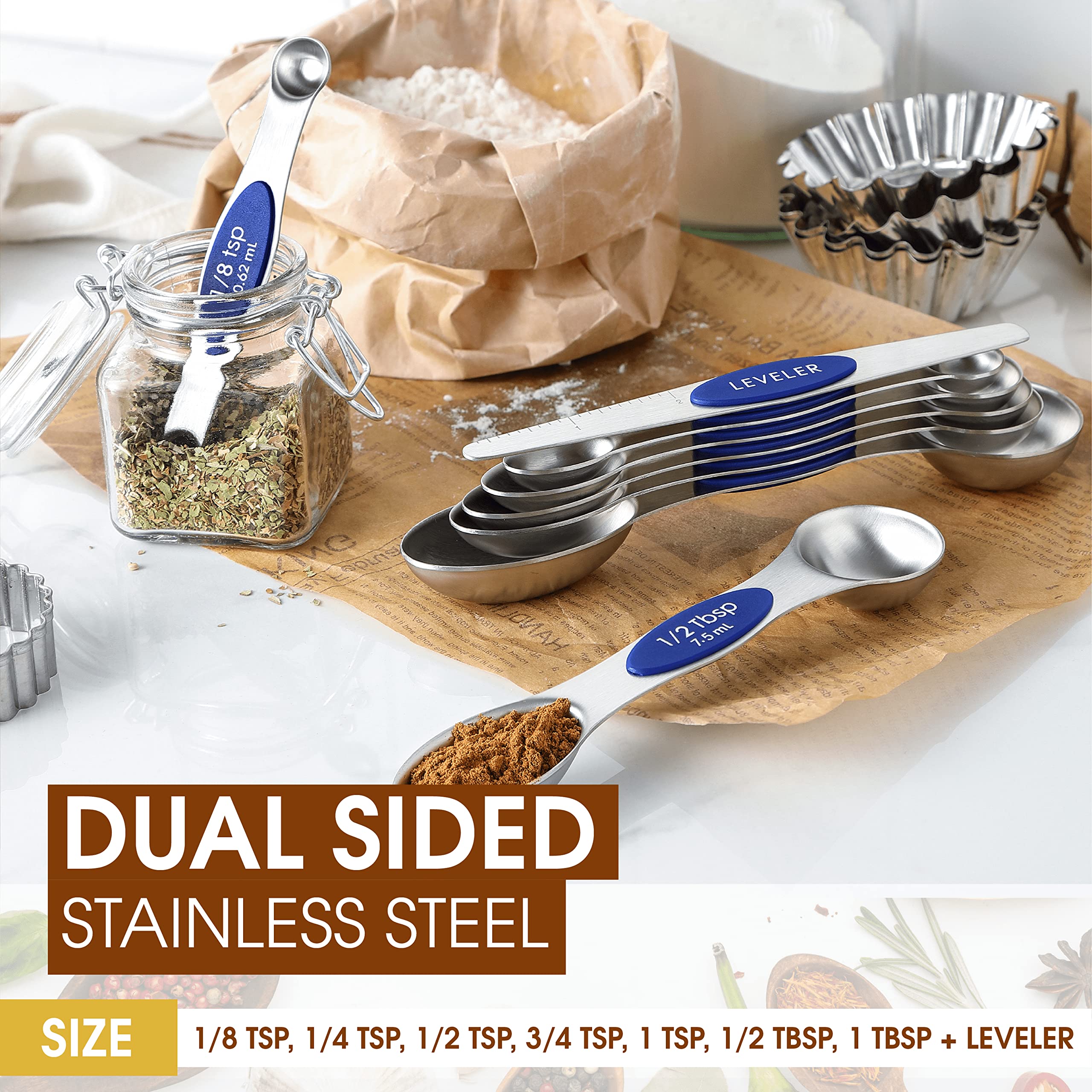 Spring Chef Stainless Steel Magnetic Measuring Spoons Set Of 8 With Leveler, Heavy Duty Teaspoon & Tablespoon Measuring Spoons W