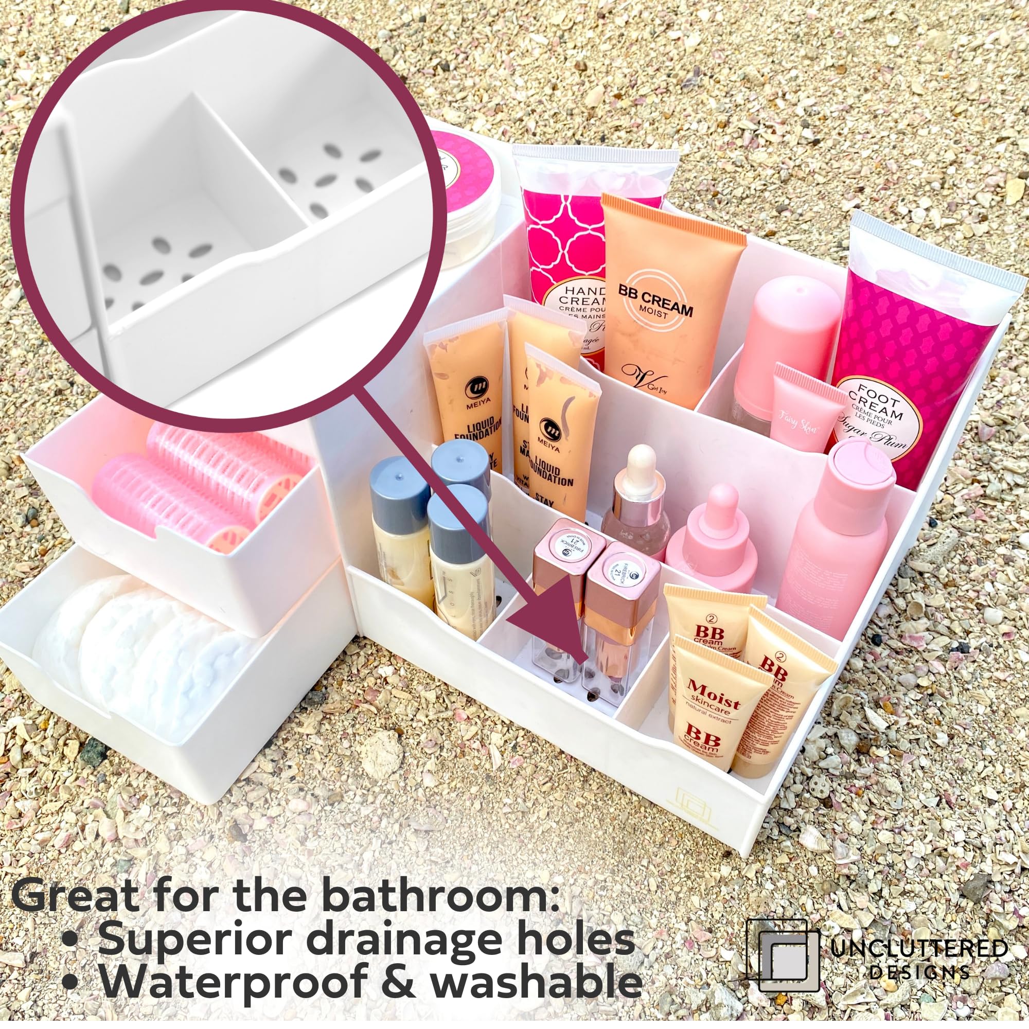 Uncluttered Designs White Makeup Organizer With Drawers-Modern Countertop & Bathroom Sink Storage-Small Dresser Cosmetic Holder for Beauty  Hair  Perfume & Skincare-Girl Vanity Toiletry Tool Caddy