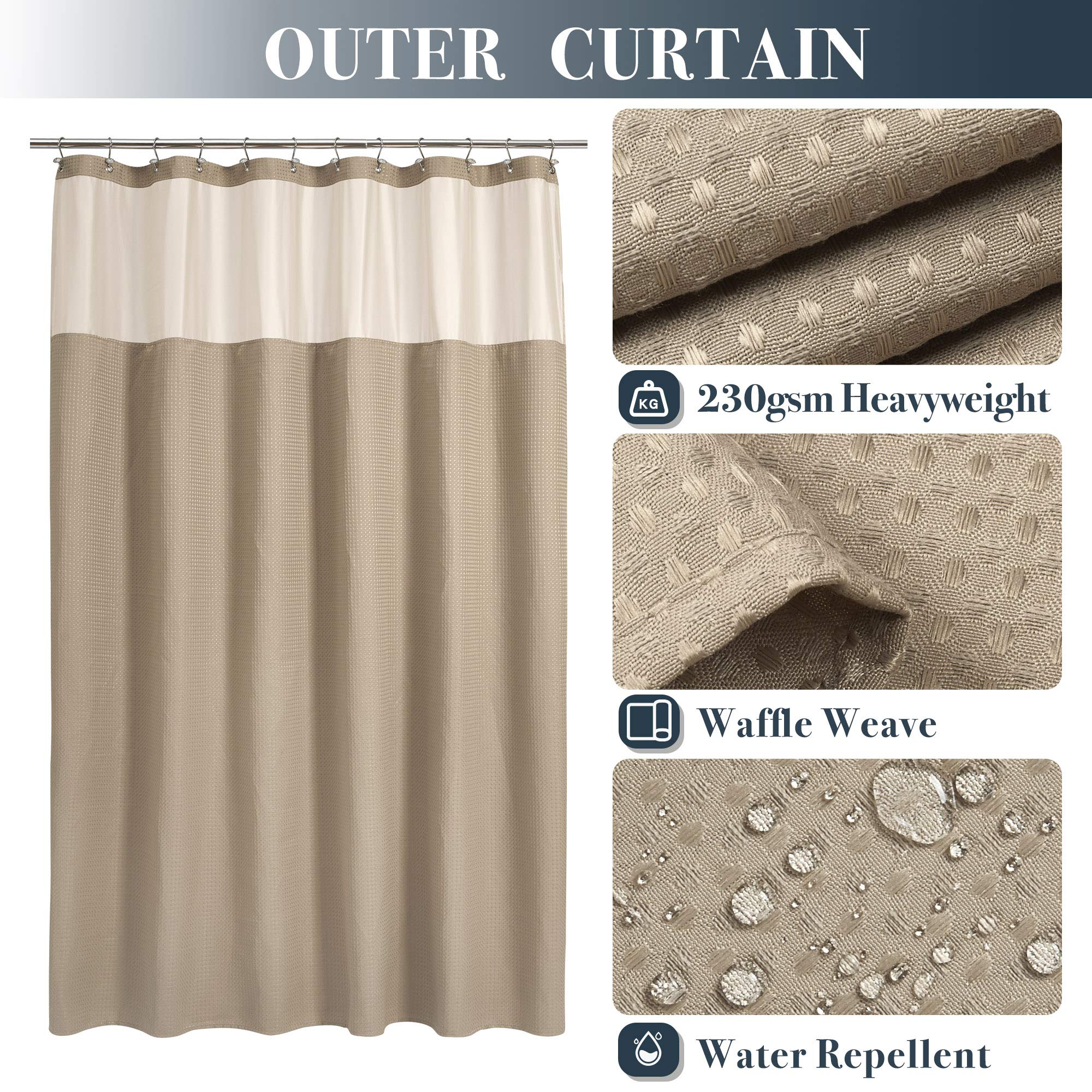 N&Y HOME Waffle Weave Shower Curtain with Snap-in Fabric Liner Set  12 Hooks Included - Hotel Style  Water-Repellent & Washable  Mesh Top Window - 71x72  Linen