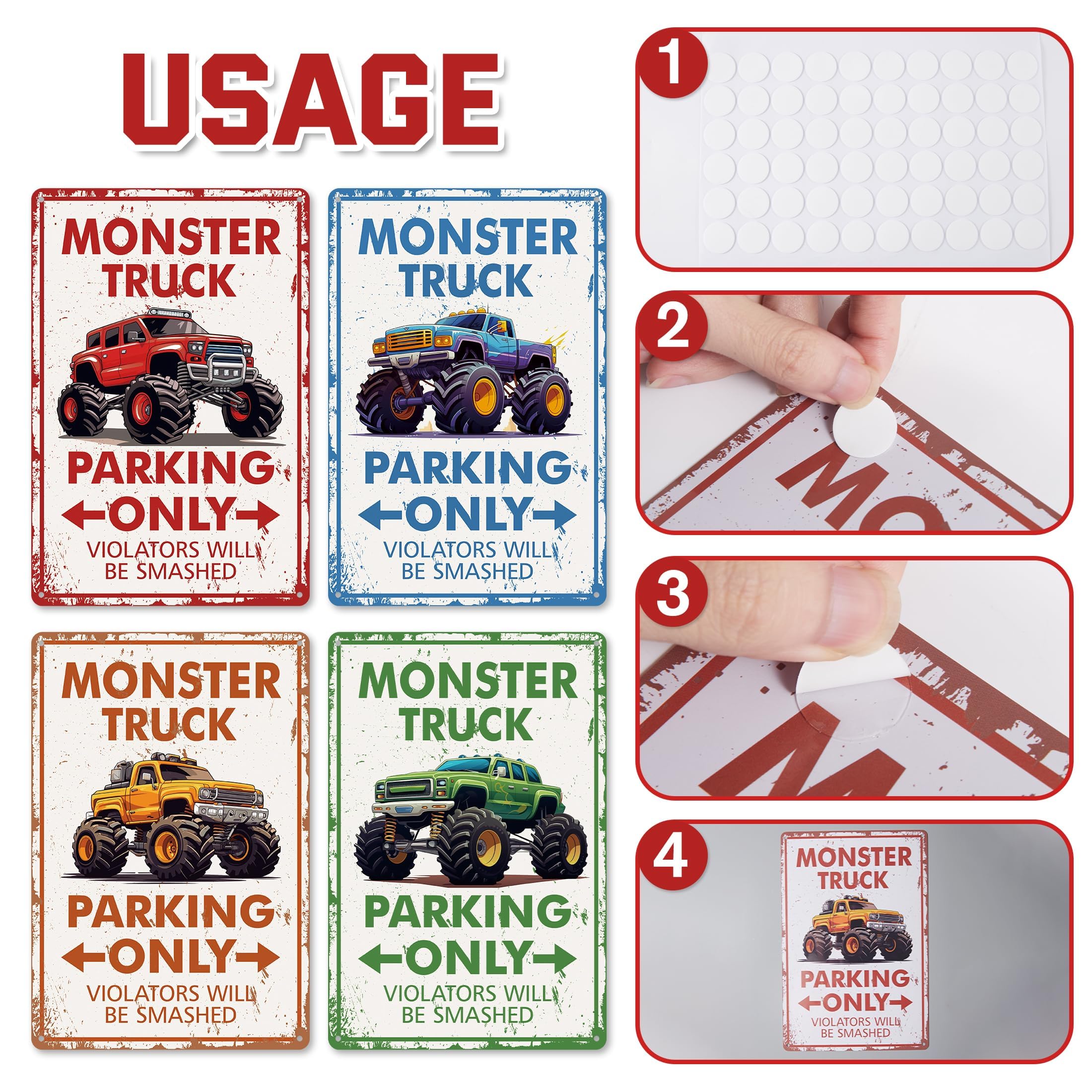 4 Pcs Monster Truck Parking Only Wall Decor for Boys, Monster Jam Only Violators Will Be Smashed Wall Room Door Signs, Monster T