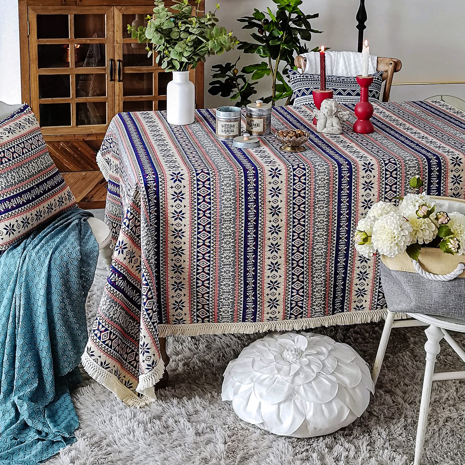 Sutavia Tassel Boho Tablecloth For Rectangle Table Cover Wrinkle Free Linen Bohemian Style Design Table Cloth For For Dining Roo