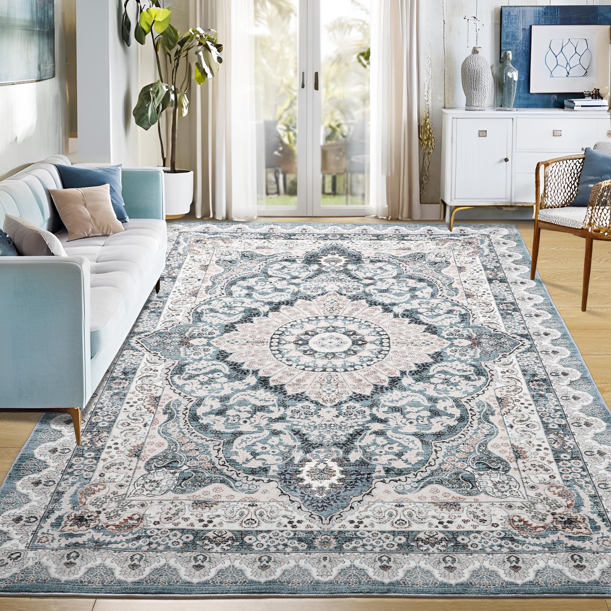 Foxmas 4x6 Area Rugs for Living Room, Machine Washable Vintage Rug, Non-Slip Low Pile Throw Rugs with Rubber Backing Washable Ca