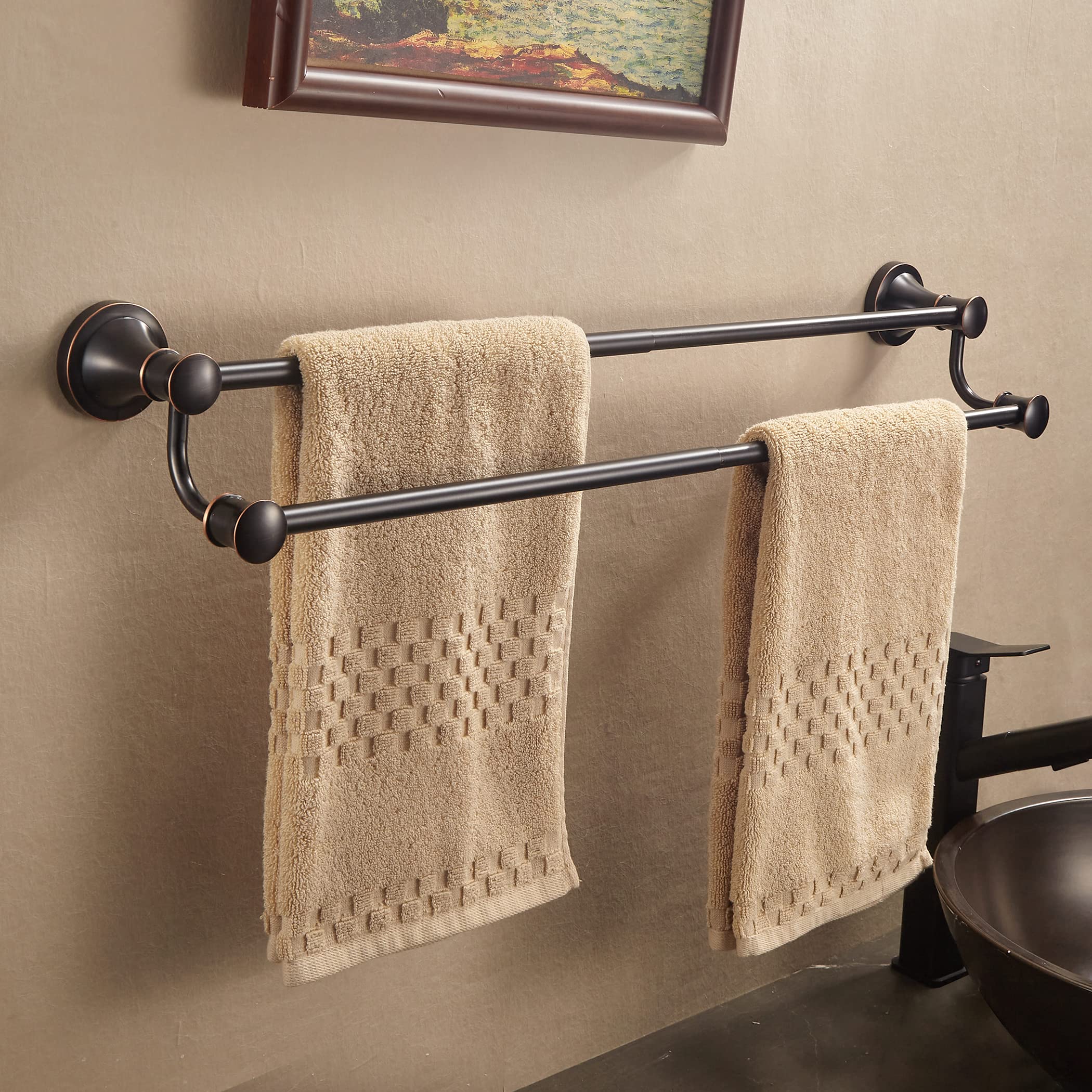 WOLIBEER Bronze Double Towel Bar  Adjustable 14.96 to 26.57 inches Towel Holder Oil Rubbed Farmhouse Towel Rack Rustic Towel Hanger Bathroom Wall Mounted