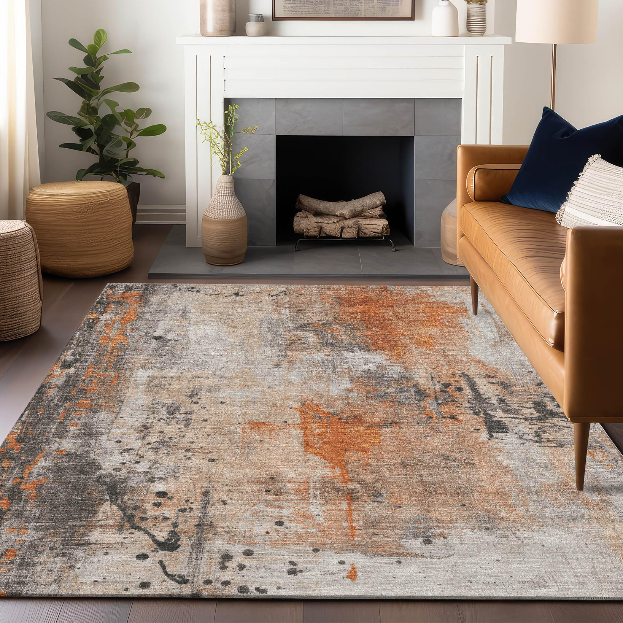 Machine Washable Indoor/Outdoor Chantille Orange 10 x 14 Rug