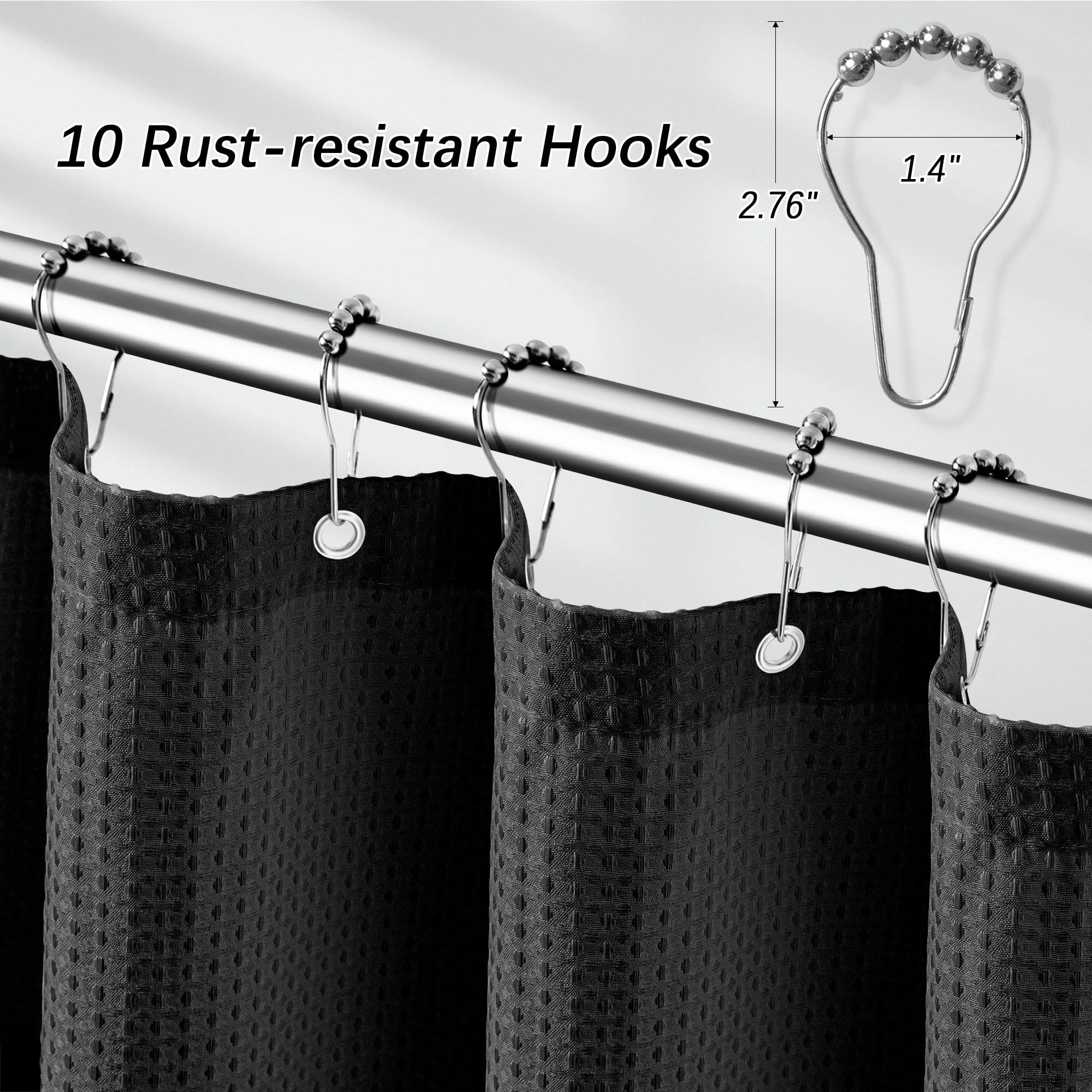 Pangsinne Black Fabric Shower Curtain For Bathroom Stall, 60 Inche Waffle Weave Shower Curtain, Machine Washable Waterproof 256G